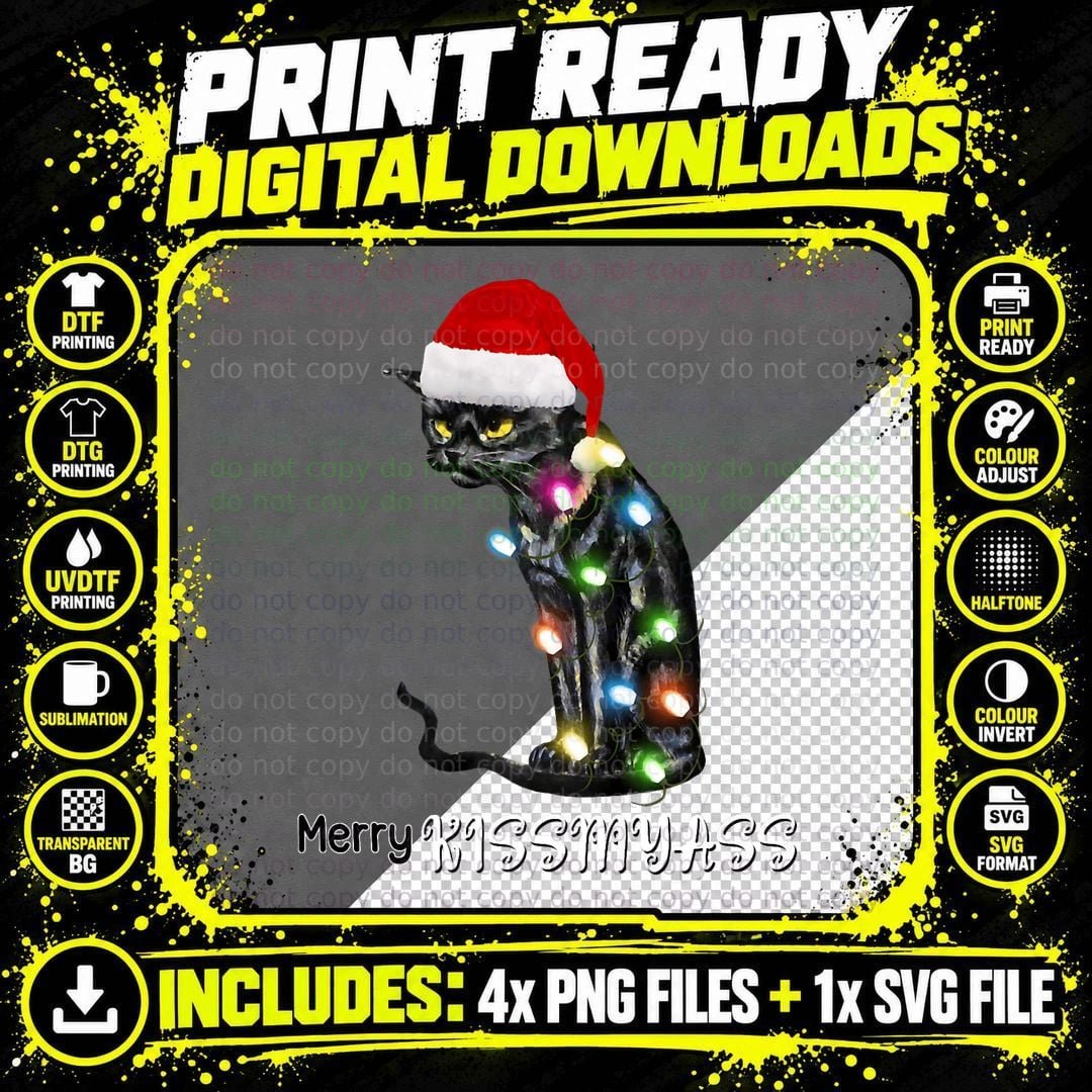 Merry Kissmyass Funny Cat Christmas Lights, Xmas T-Shirt Png SVG Digital Bundle