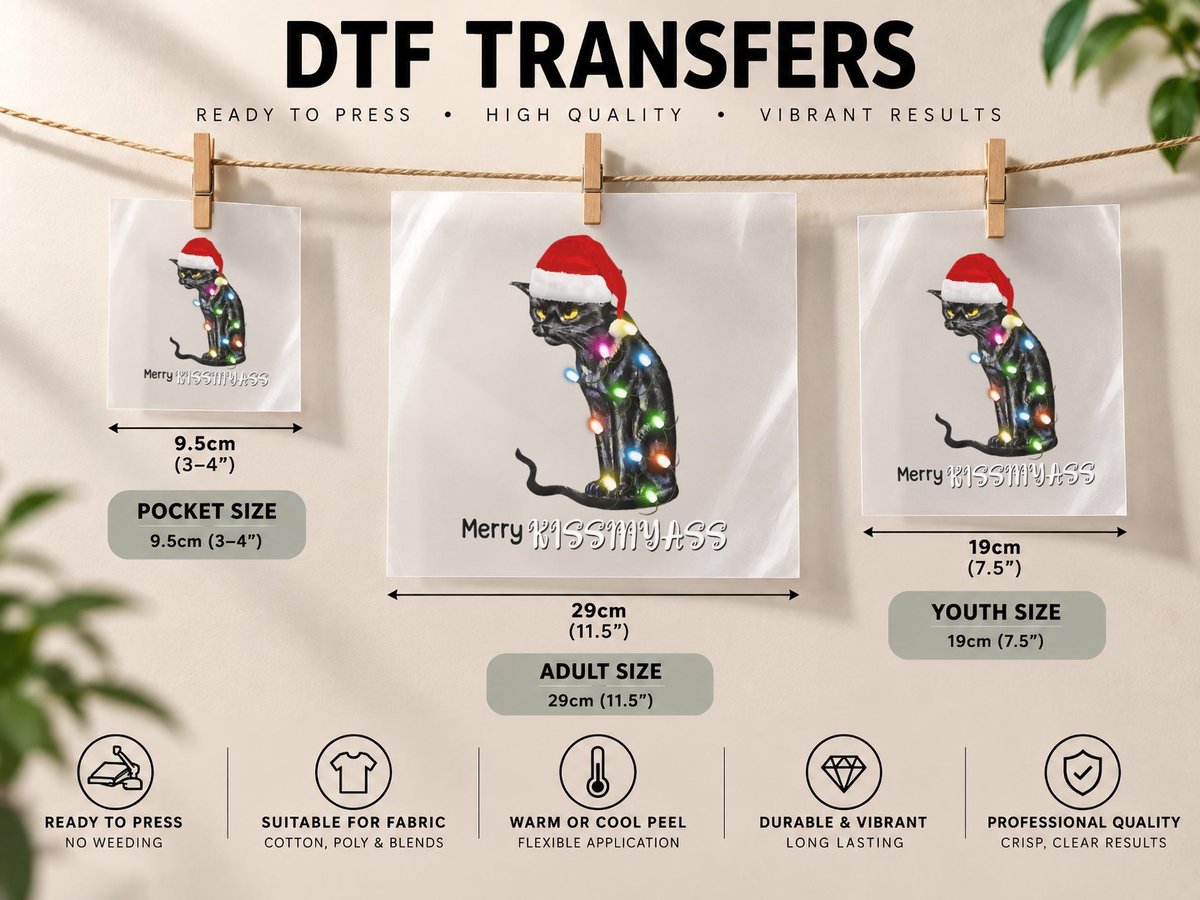 Merry Kissmyass Funny Cat Christmas Lights, Xmas DTF Transfer Iron On