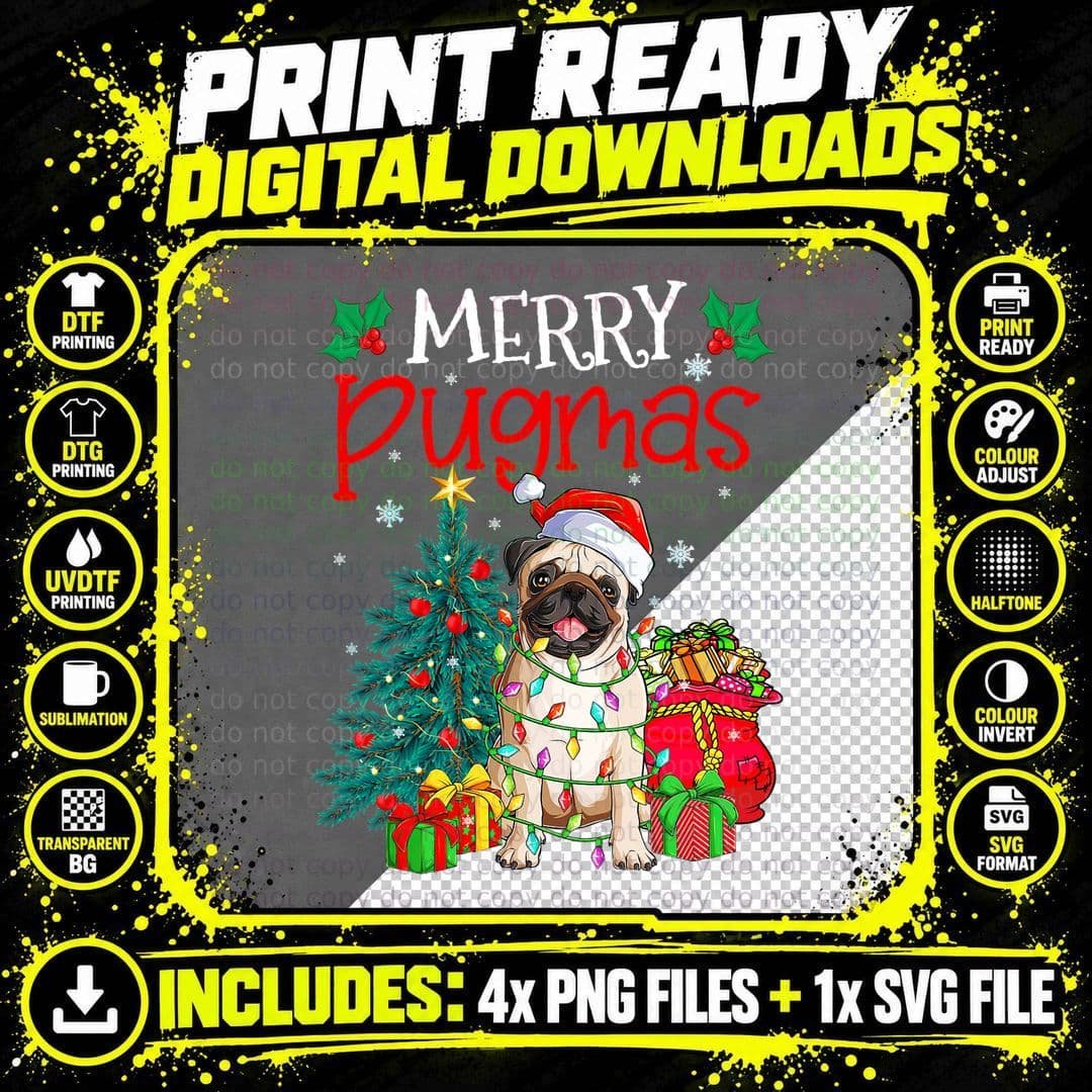 Merry Pugmas Christmas Funny Dog Santa T-Shirt Png SVG Digital Bundle
