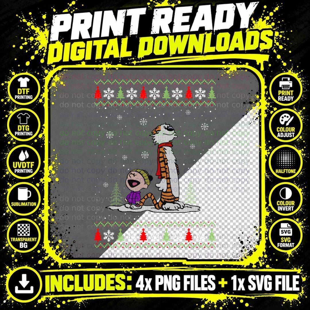 Mery Christmas Calvin and Hobbes Mode Sweater Classic Png SVG Digital Bundle