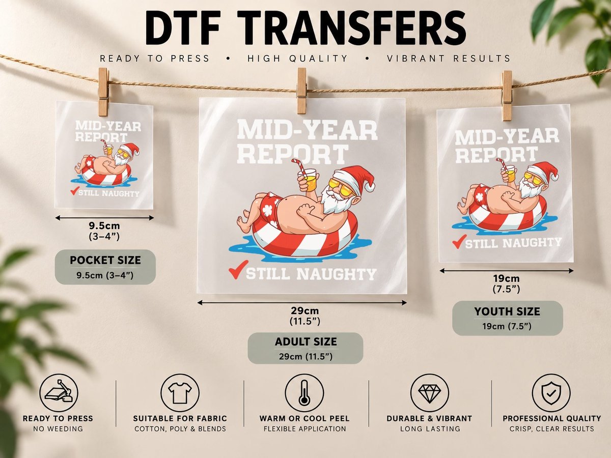 Mid-Year Report Still Naughty Christmas in July Funny Santa DTF Transfer Iron On