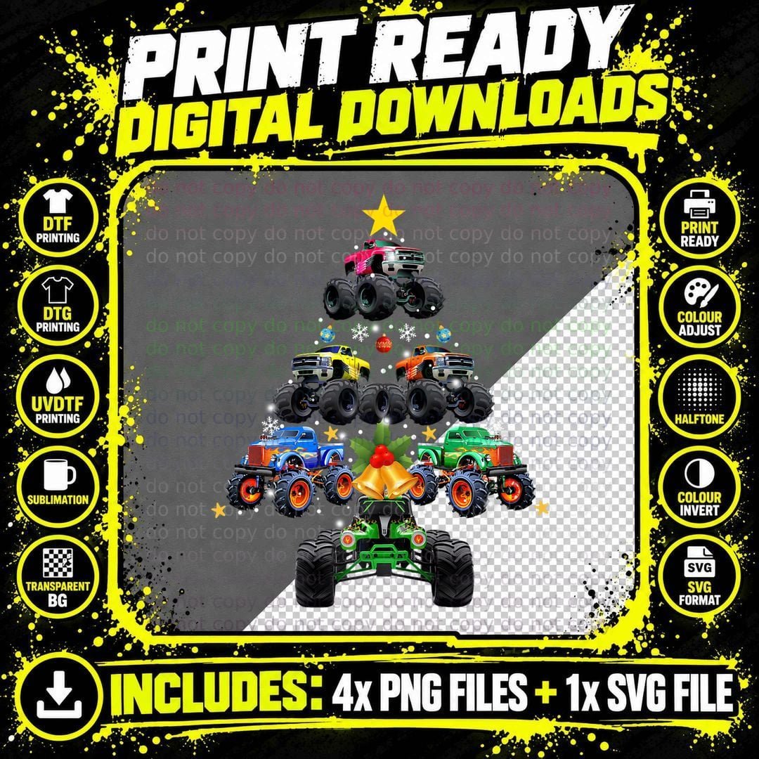 Monster Truck Christmas Tree Funny Truck Lovers Xmas Png SVG Digital Bundle