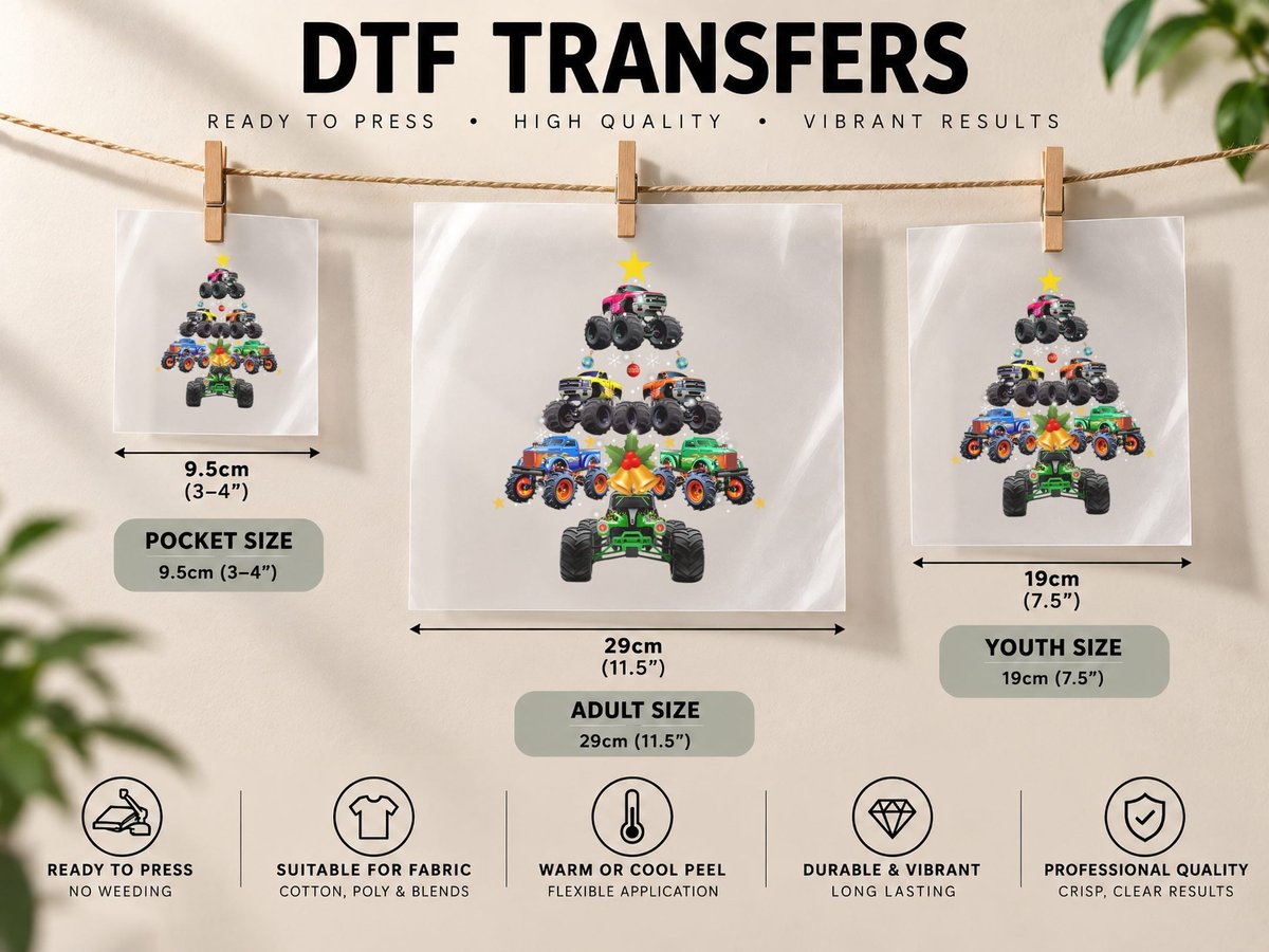 Monster Truck Christmas Tree Funny Truck Lovers Xmas Outfit DTF Transfer Iron On
