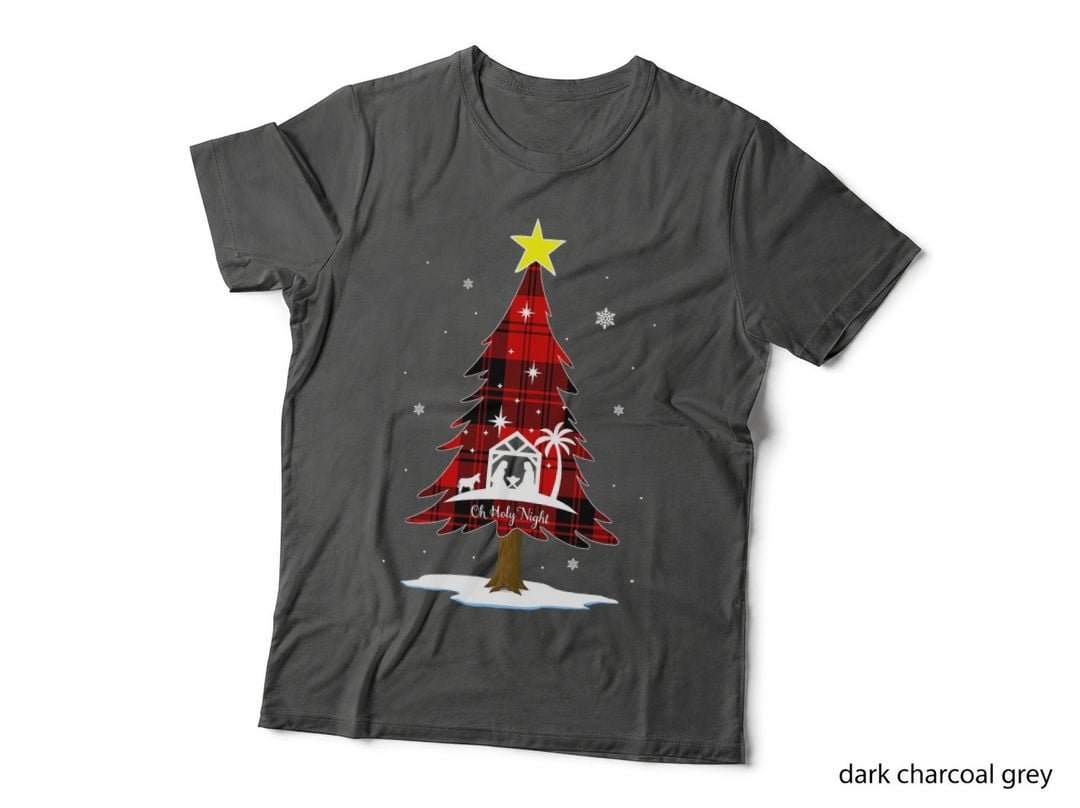 Nativity Scene Red Plaid Christmas Tree Jesus a King Is Born T-Shirt