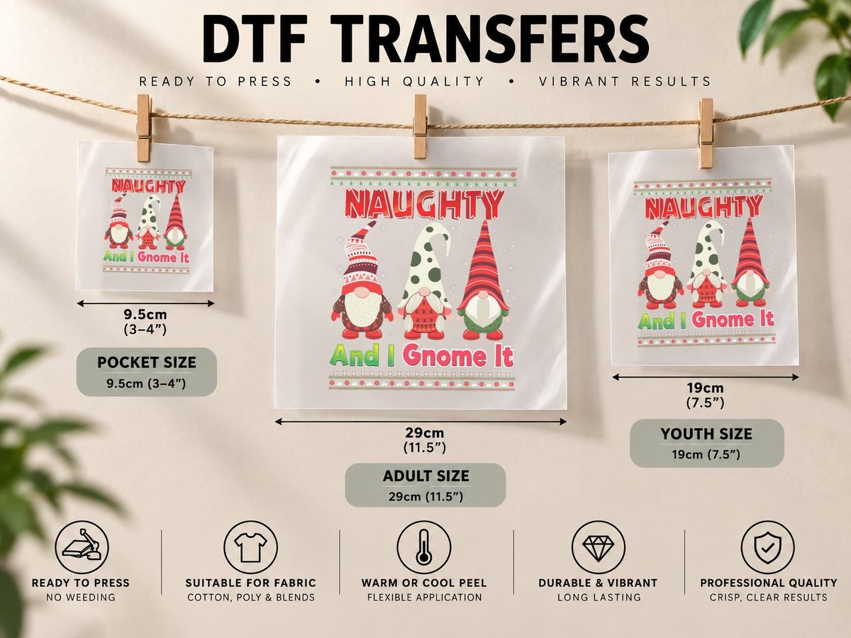 Naughty and I Gnome It Christmas Gnomes Pajama Merry DTF Transfer Iron On