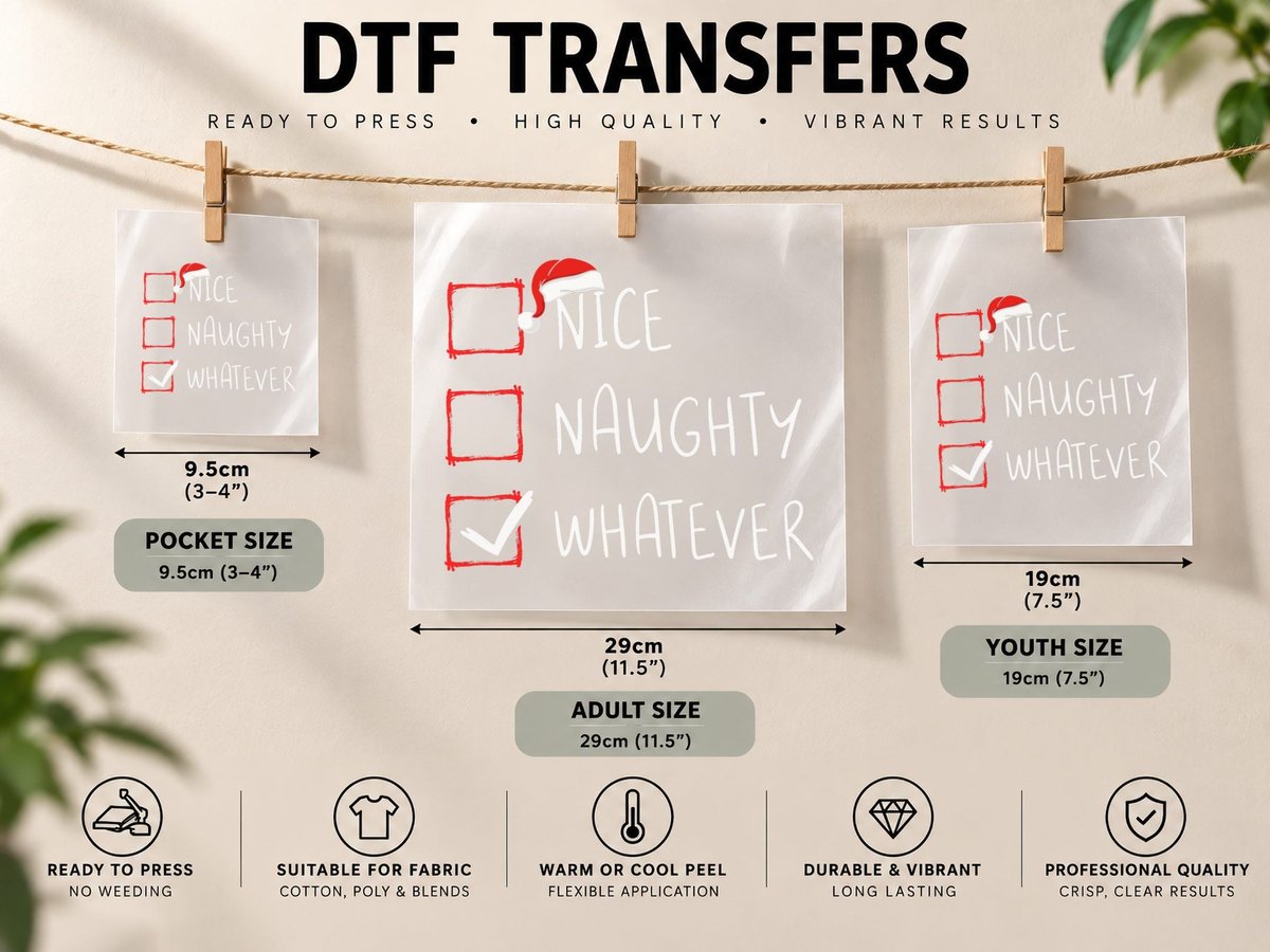 Nice Naughty Whatever Christmas List Xmas Santa Claus DTF Transfer Iron On