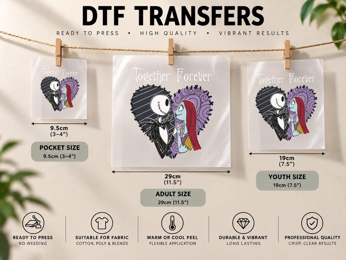Nightmare Before Christmas Jack & Sally Together DTF Transfer Iron On