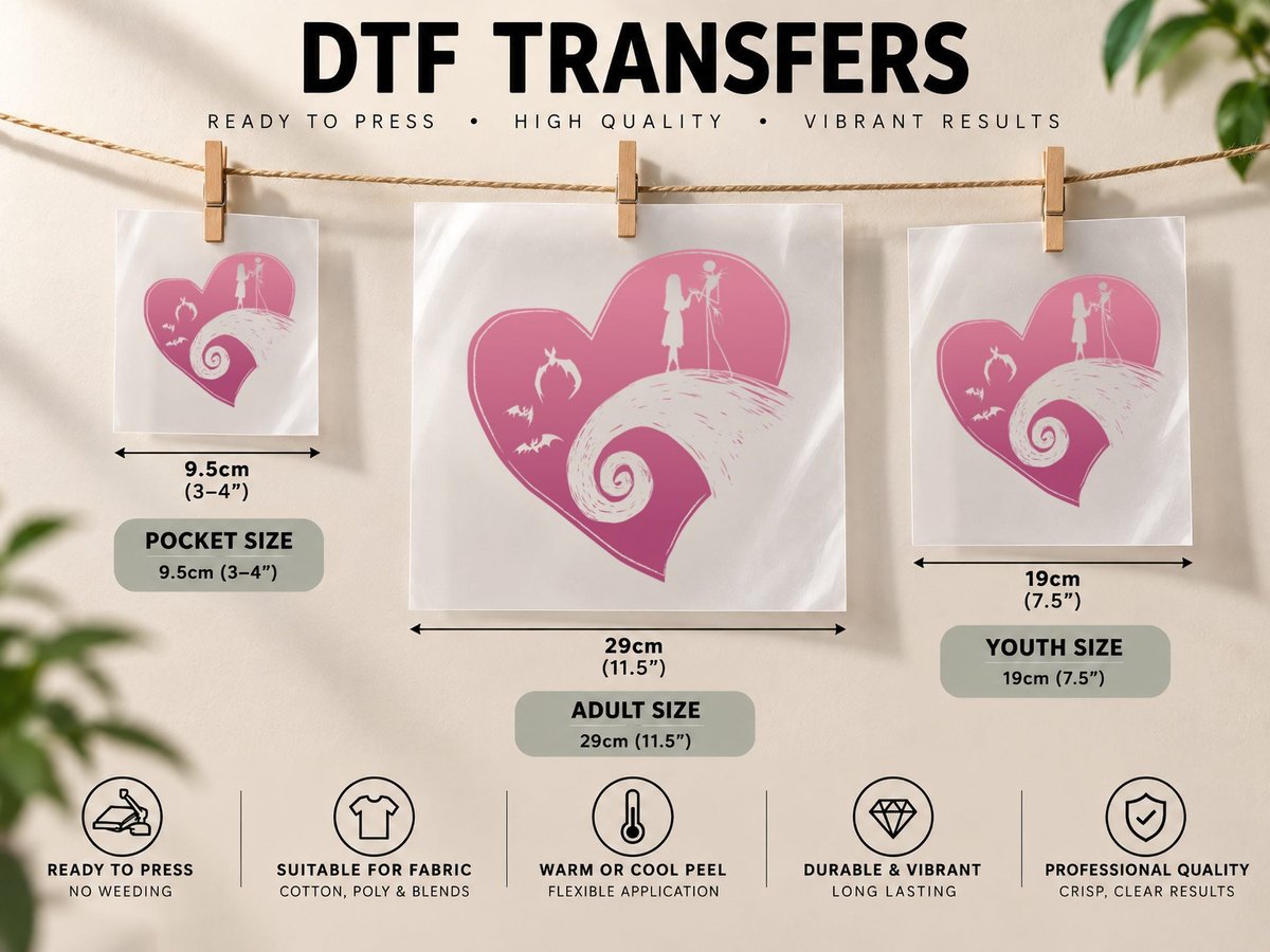 Nightmare Before Christmas Jack and Sally Heart DTF Transfer Iron On