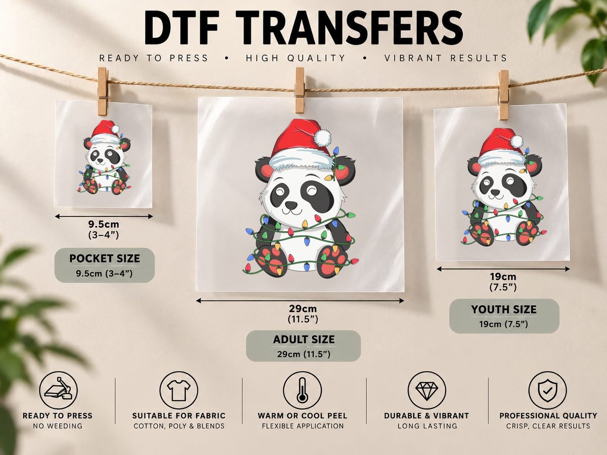 Panda Christmas Tree Light Santa Xmas Kids Boy Girl DTF Transfer Iron On