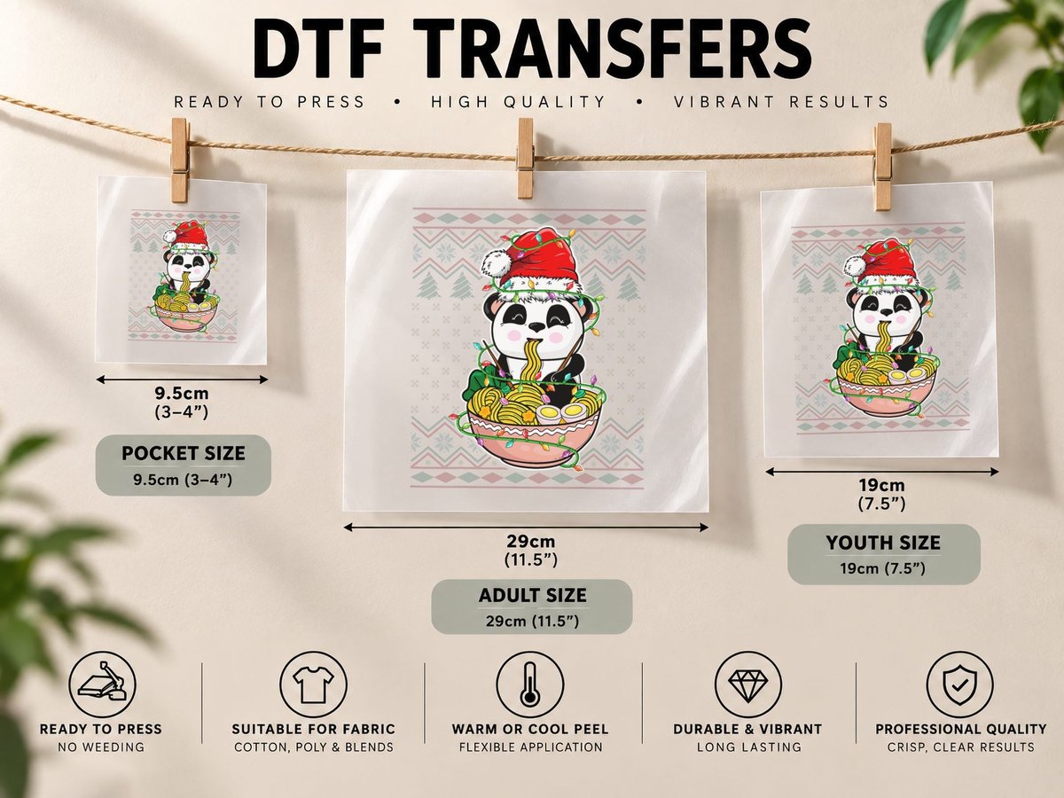 Panda Ramen Noodles Santa Hat Xmas Lighting Panda Christmas DTF Transfer Iron On
