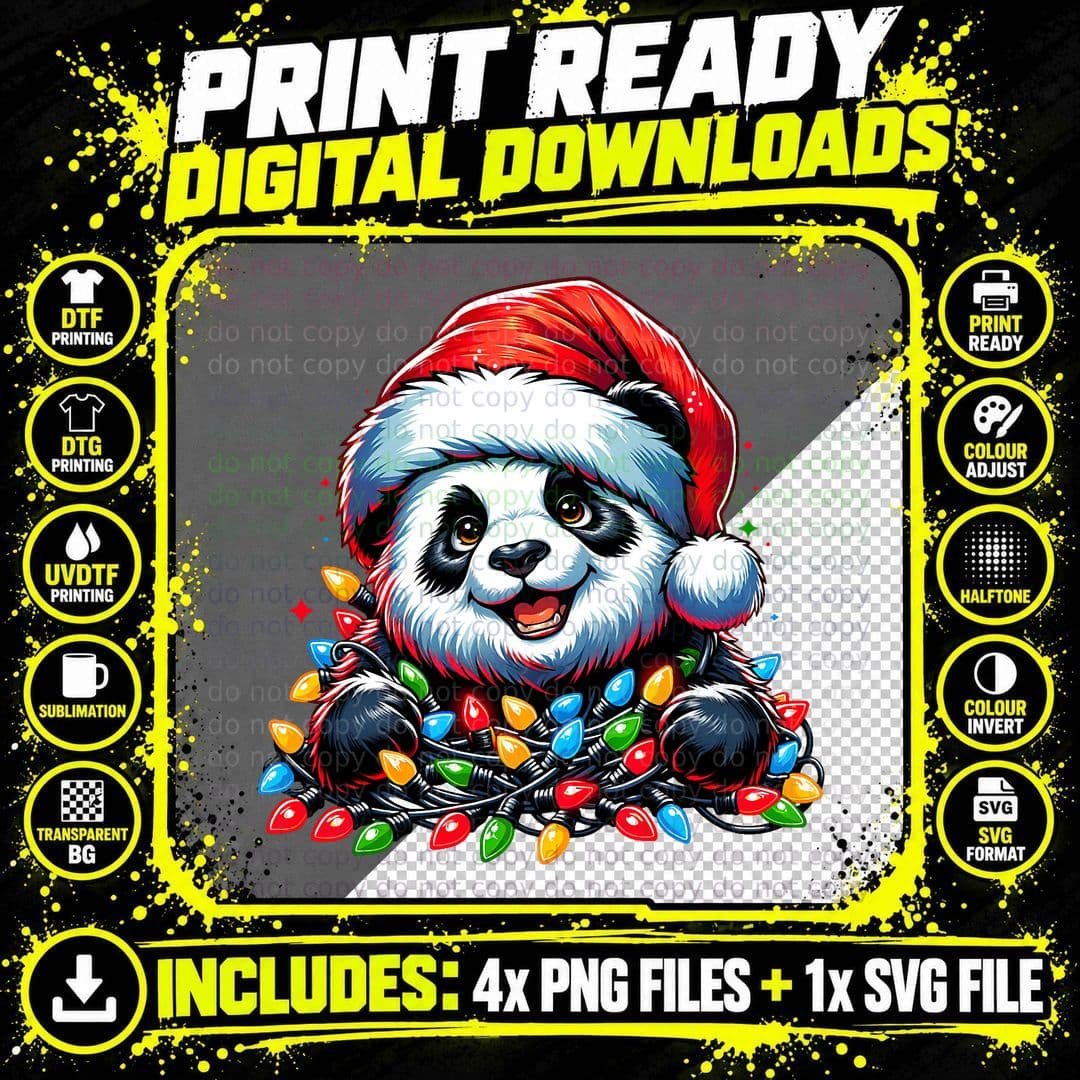 Panda Santa Christmas Light Christmas Panda Pajamas Kids Png SVG Digital Bundle