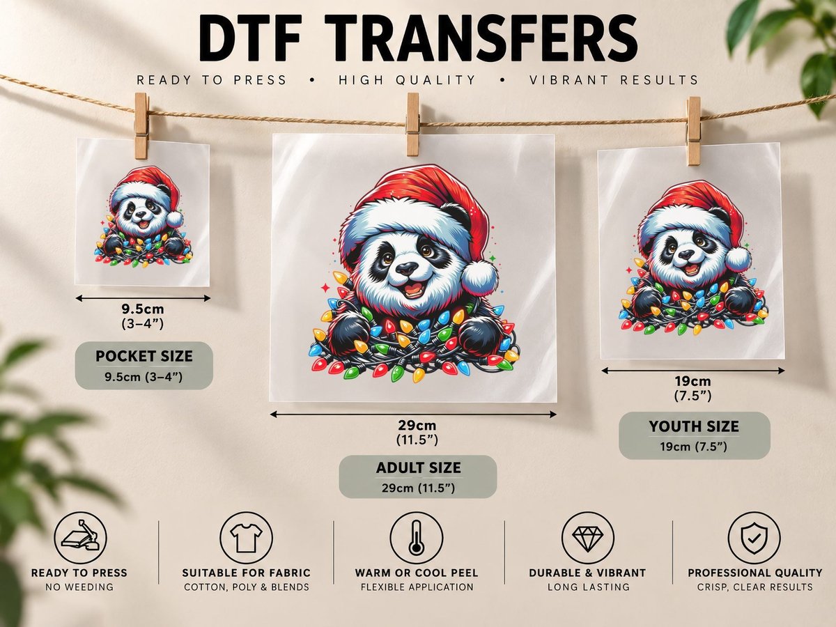 Panda Santa Christmas Light Christmas Panda Pajamas Kids DTF Transfer Iron On