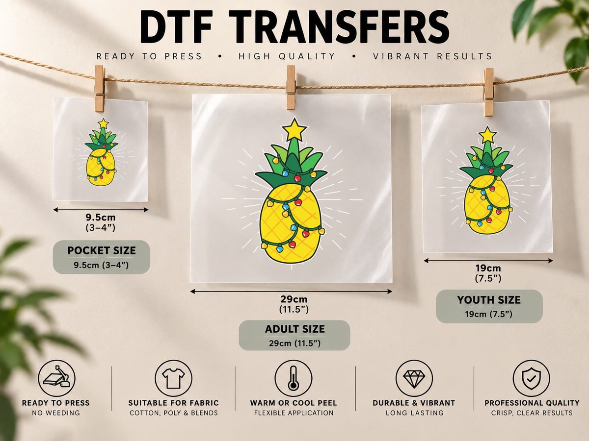 Pineapple X-Mas Tree Light up Star Cute Christmas Gift DTF Transfer Iron On