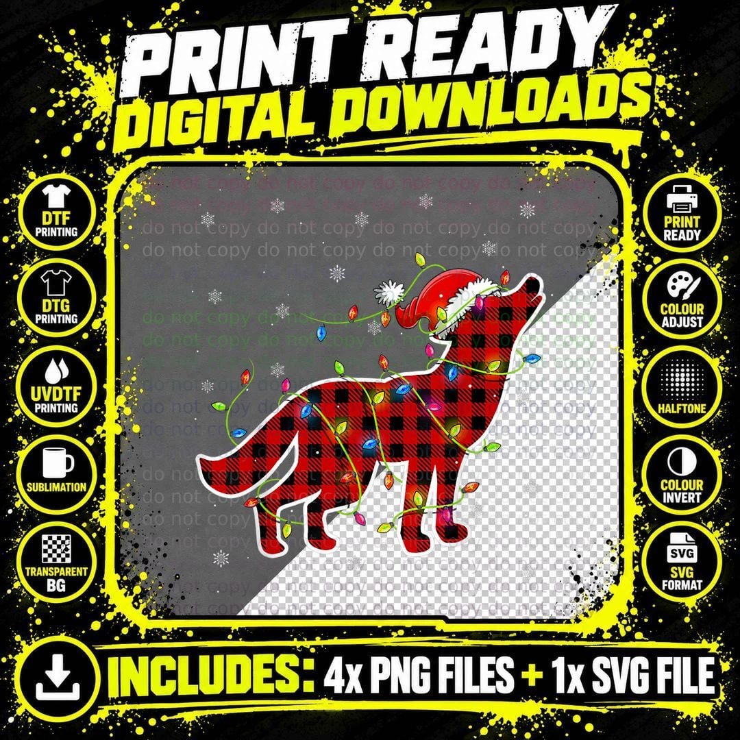 Red Buffalo Plaid Wolf Santa Christmas Pajamas Matching Png SVG Digital Bundle