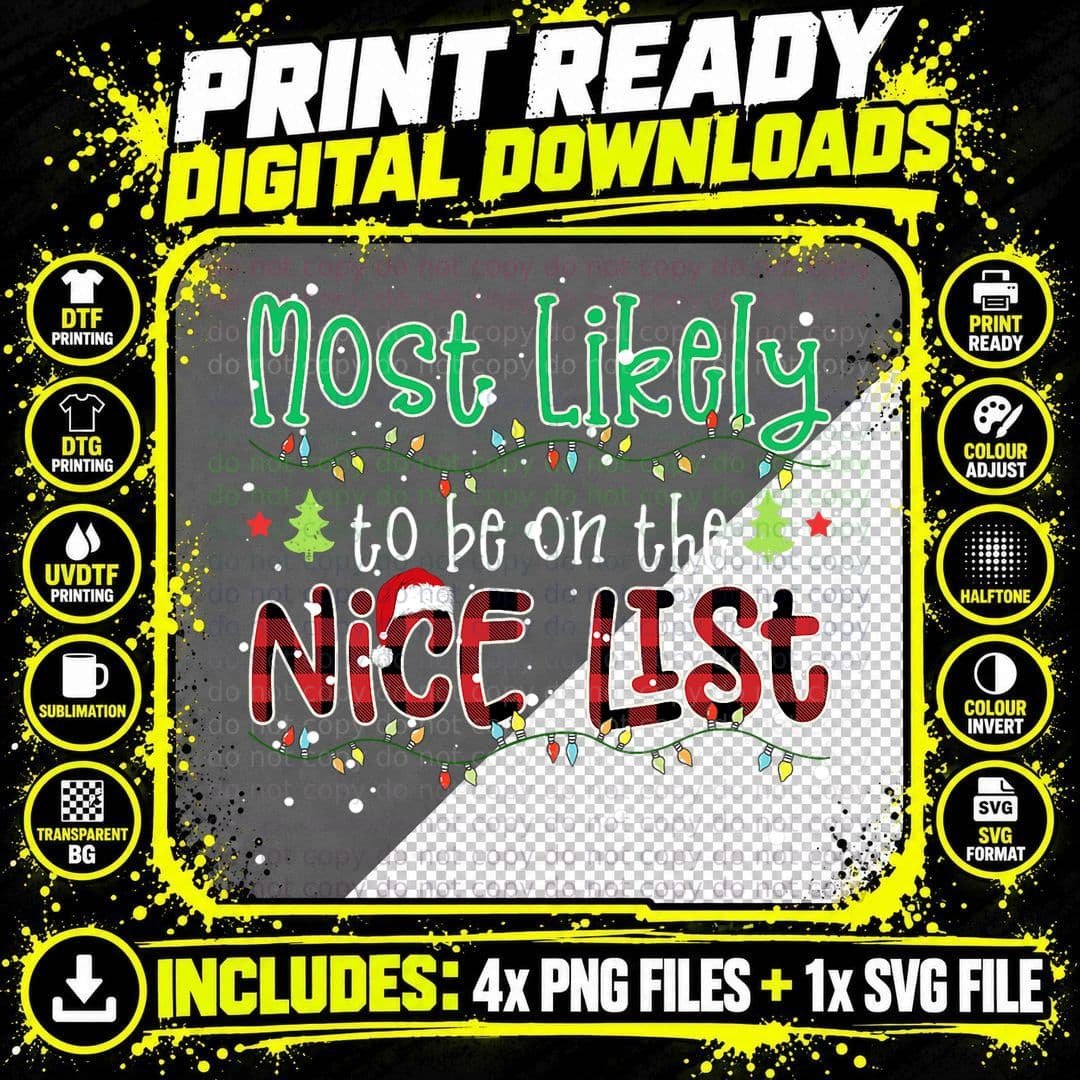 Red Plaid Christmas Most Likely to Be on the Nice List Png SVG Digital Bundle
