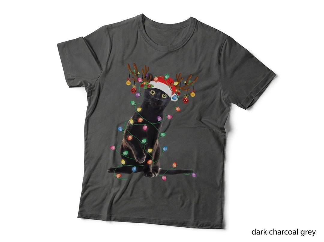 Reindeer Black Cat Christmas Lights Funny Cat Lover Gifts T-Shirt