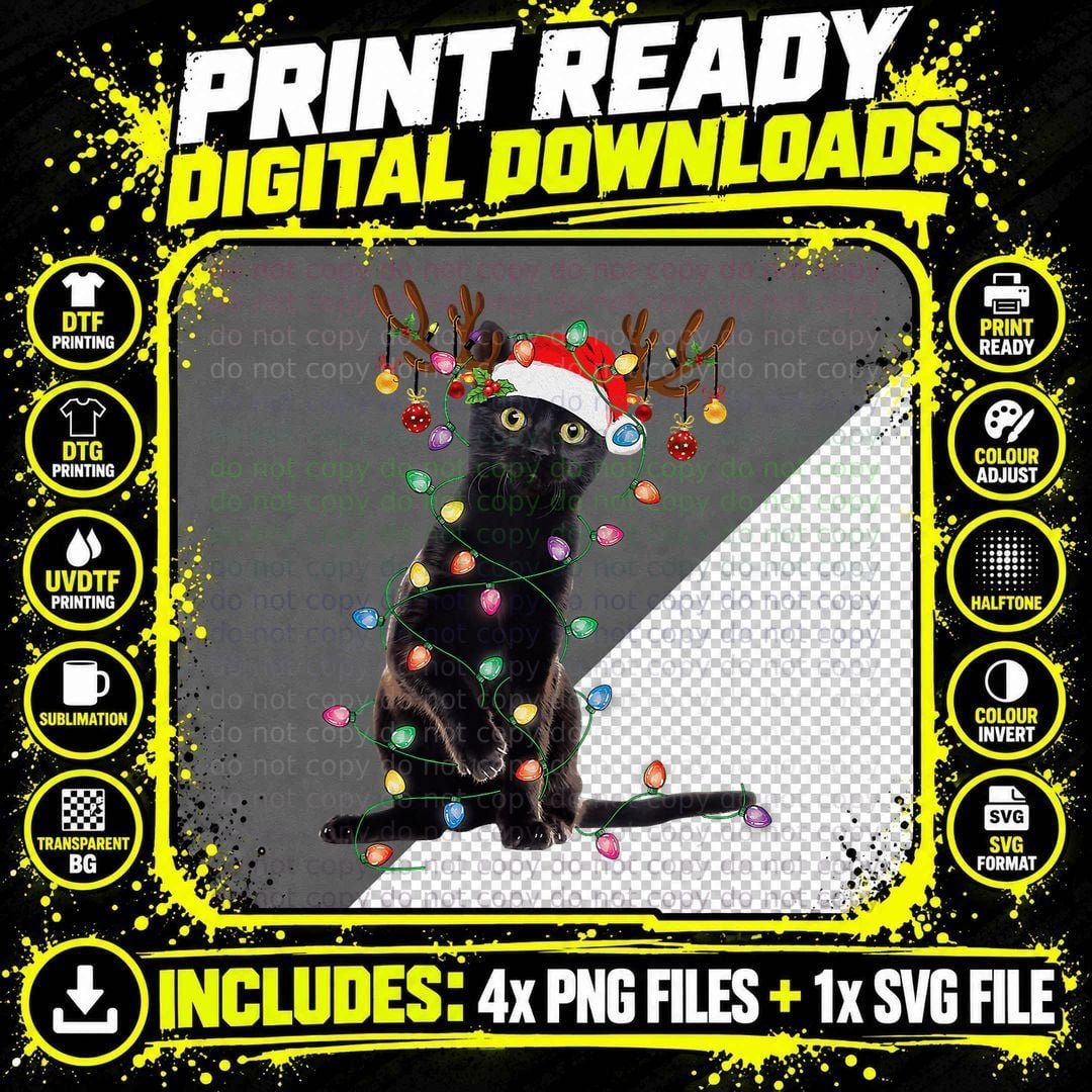 Reindeer Black Cat Christmas Lights Funny Cat Lover Png SVG Digital Bundle