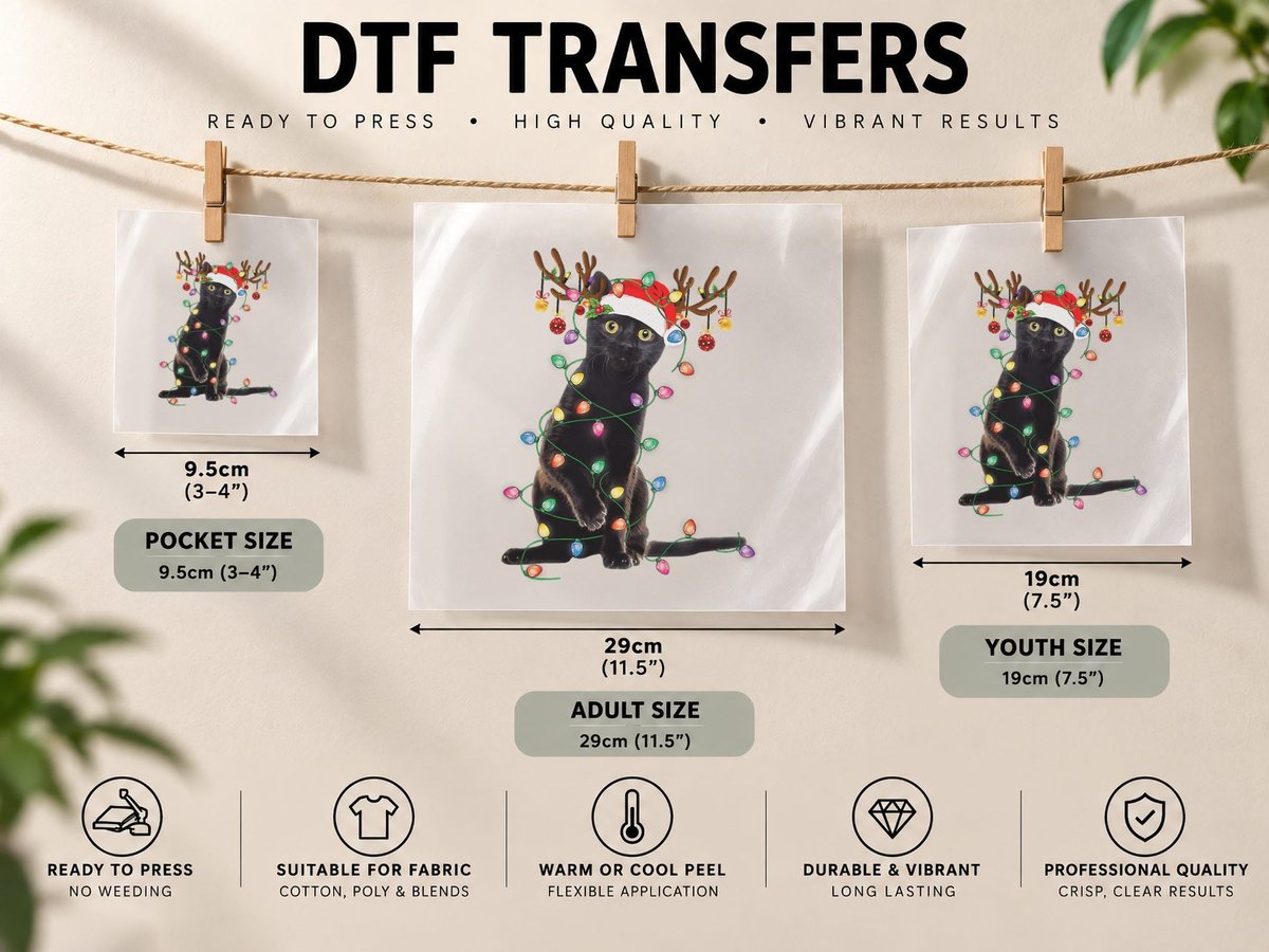 Reindeer Black Cat Christmas Lights Funny Cat Lover Gifts DTF Transfer Iron On