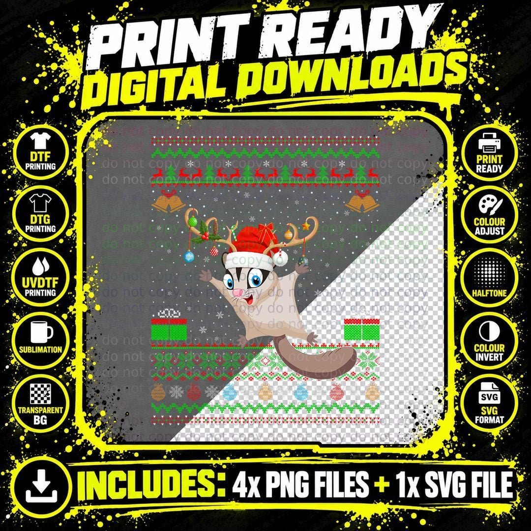 Reindeer Santa Hat Matching Ugly Sugar Glider Christmas Png SVG Digital Bundle