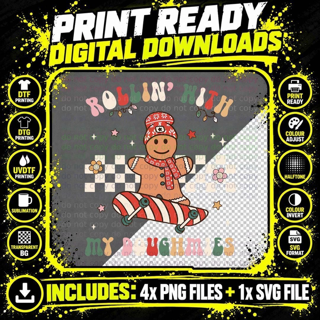 Retro Christmas Rollin with My Doughmies Cookie Png SVG Digital Bundle