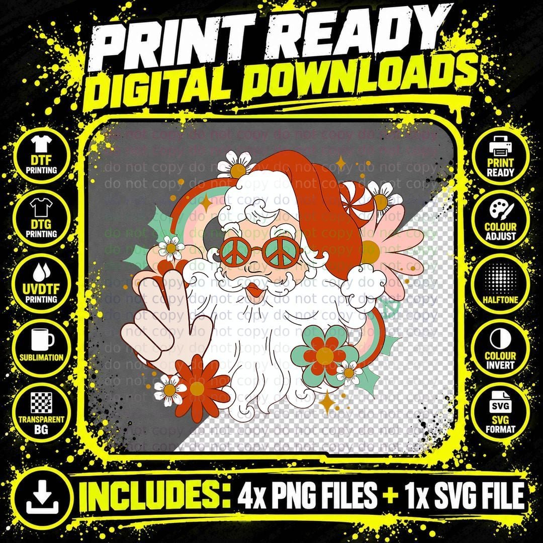 Retro Groovy Christmas Vibes Cute Santa Claus Xmas Png SVG Digital Bundle