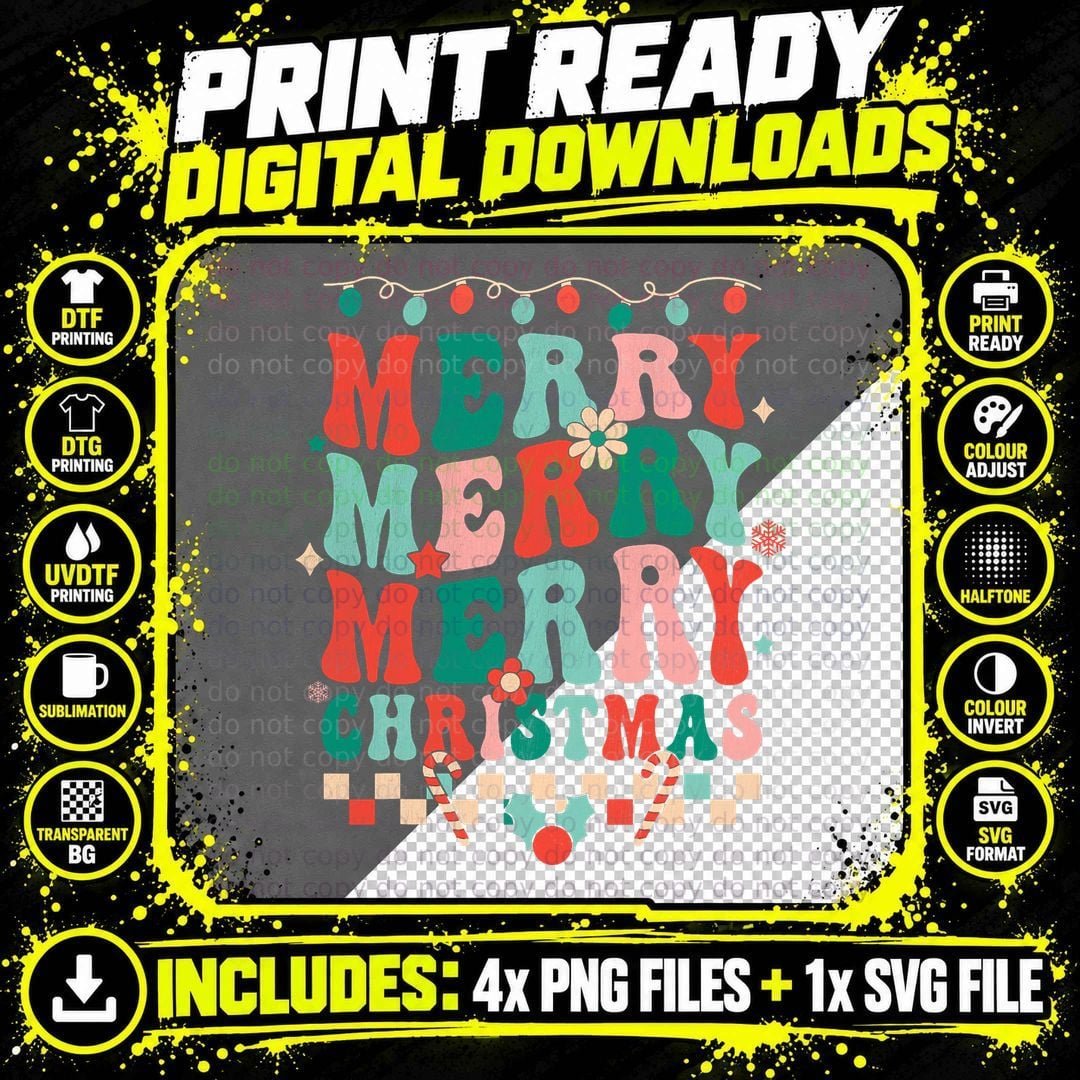 Retro Groovy Merry Christmas Vibes Hippie Family Png SVG Digital Bundle