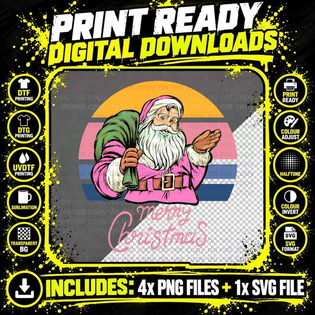 Retro Pink Santa Claus Vintage Christmas Sunset T-Shirt Png SVG Digital Bundle