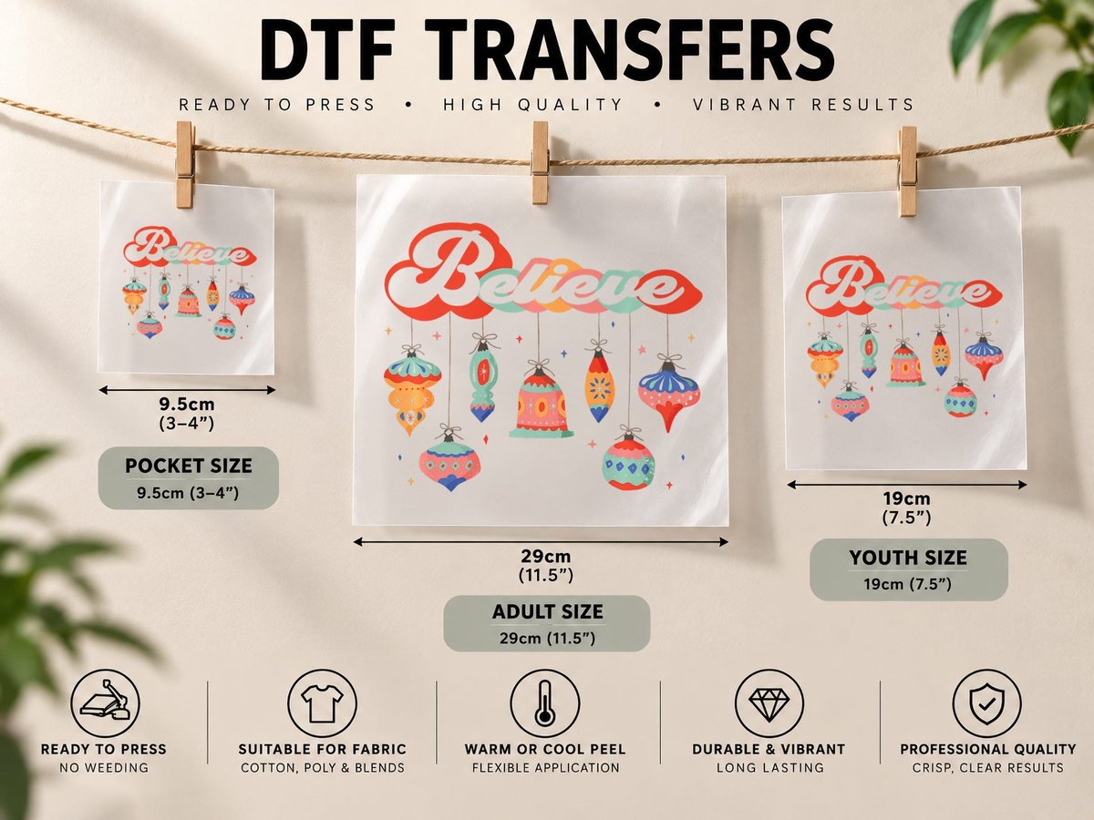 Retro Vintage Believe Christmas Cute Christmas Saying DTF Transfer Iron On