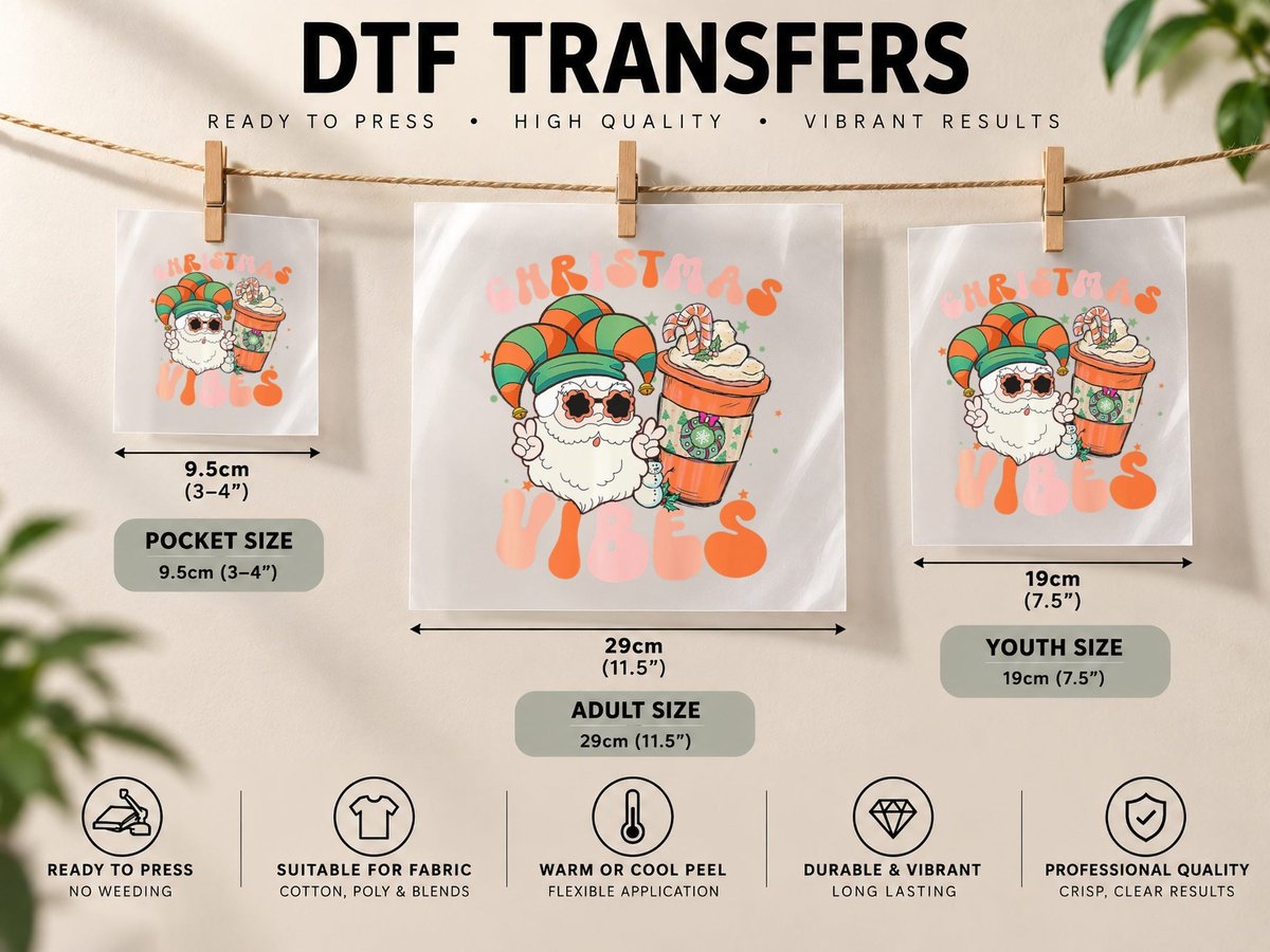 Retro Vintage Christmas Vibes Santa Elf Coffee Iced Latte DTF Transfer Iron On