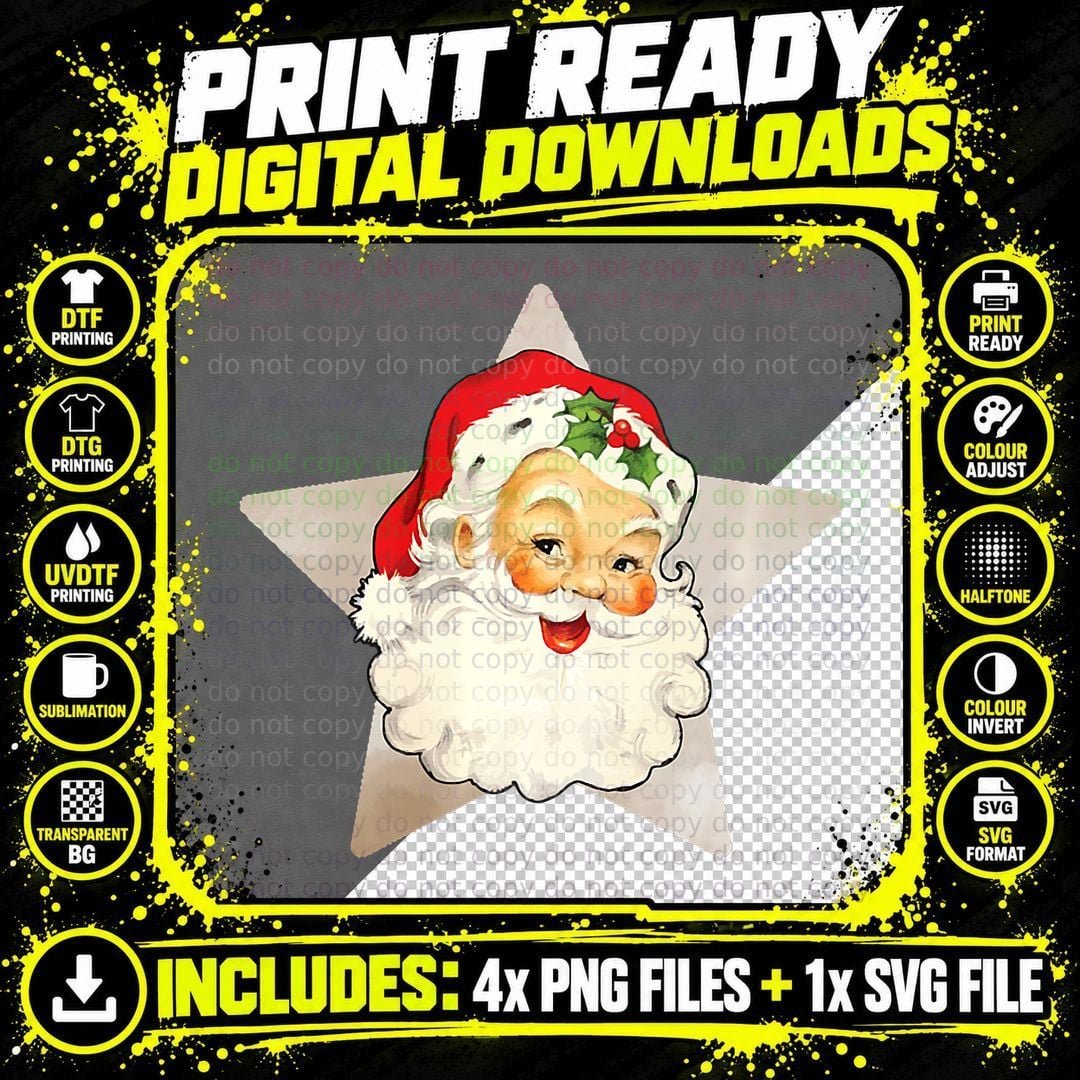 Retro Vintage Santa Christmas Star Boho Old Time Png SVG Digital Bundle