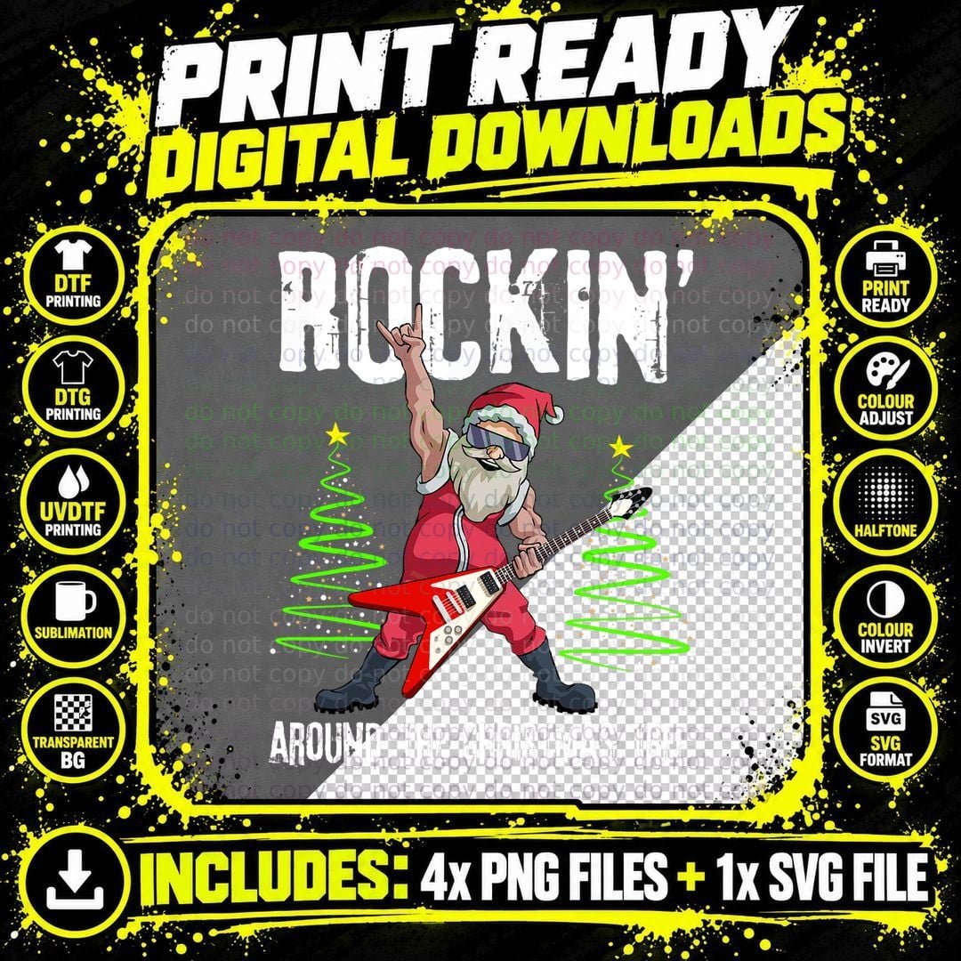 Rockin Around Christmas Tree Funny Rocker Santa T-Shirt Png SVG Digital Bundle