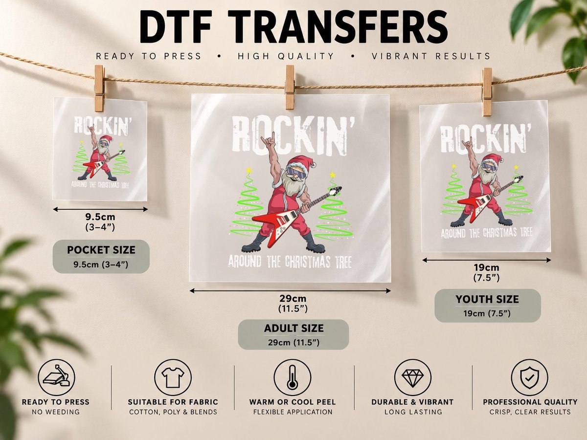 Rockin Around Christmas Tree Funny Rocker Santa DTF Transfer Iron On
