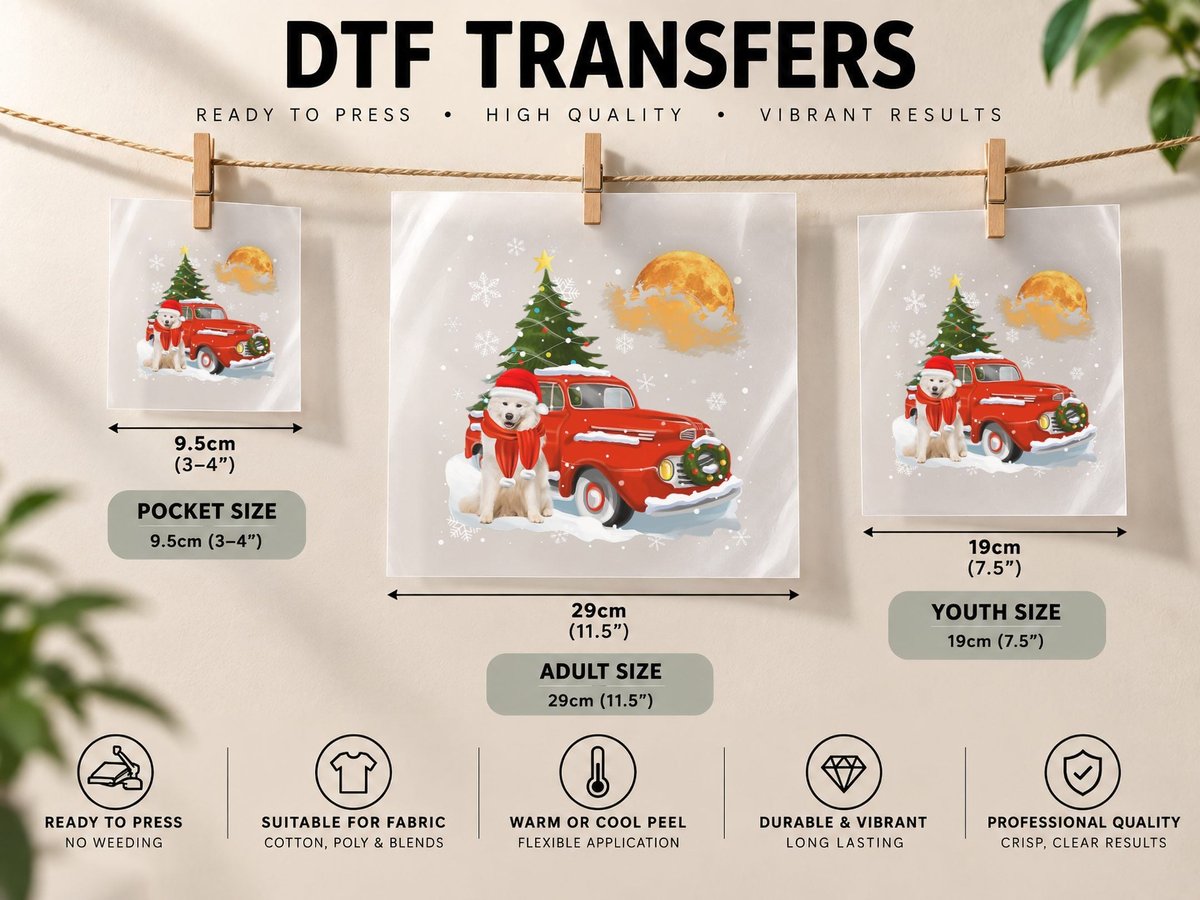 Samoyed Vintage Wagon Red Truck Christmas Tree Pajamas DTF Transfer Iron On