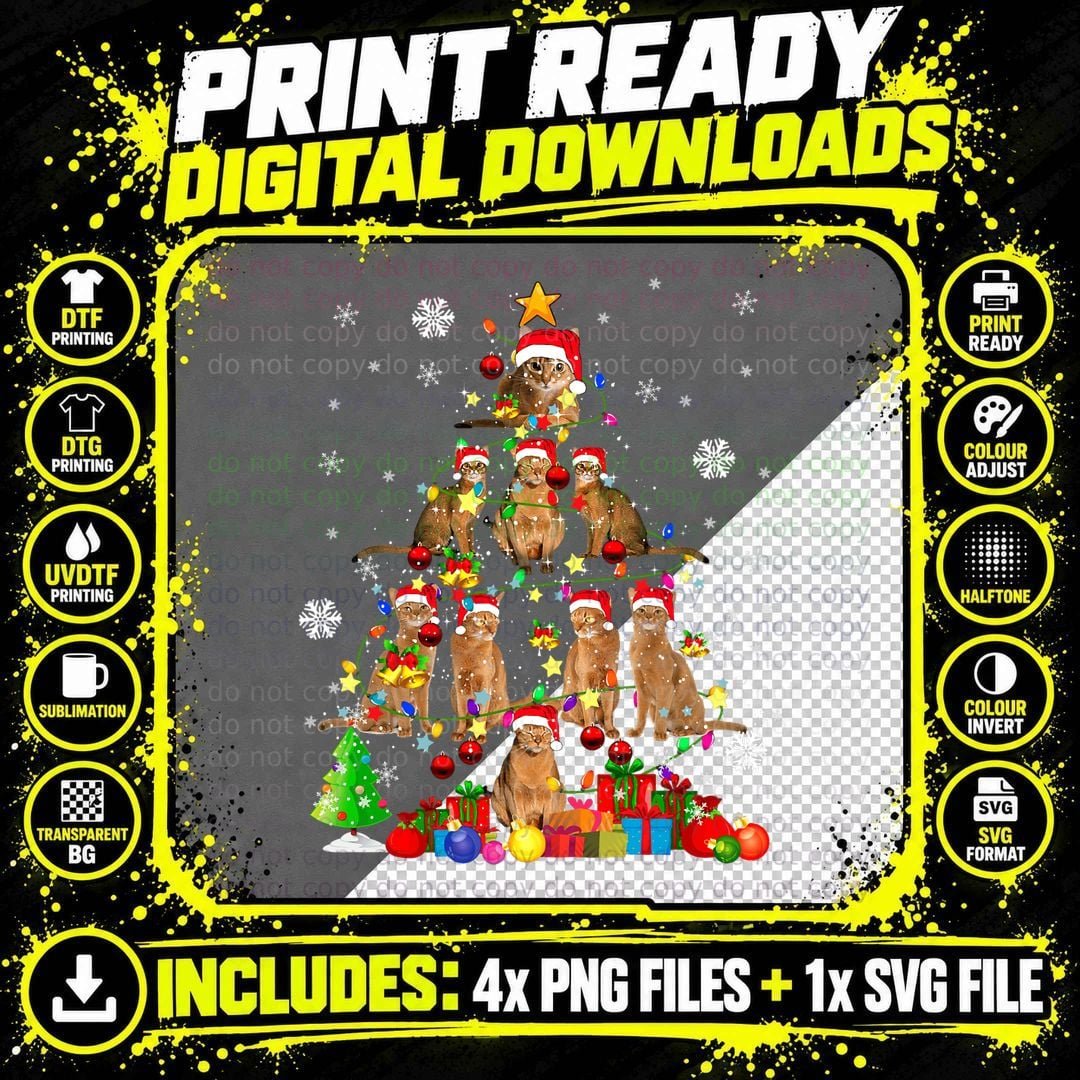 Santa Abyssinian Christmas Tree Xmas Lights Santa Cat Png SVG Digital Bundle