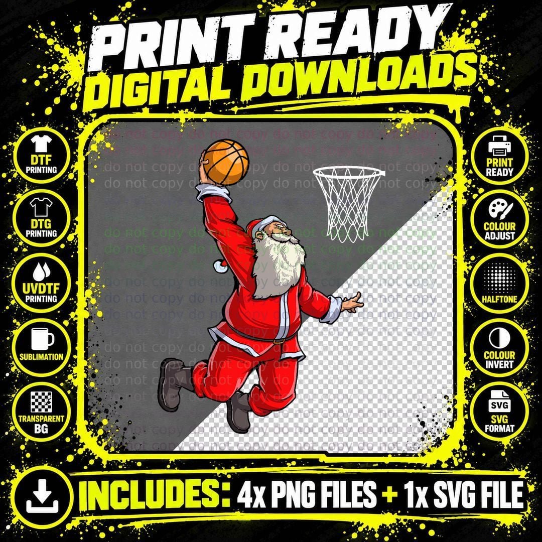 Santa Basketball Christmas Boys Men Slam Dunk Ball Png SVG Digital Bundle