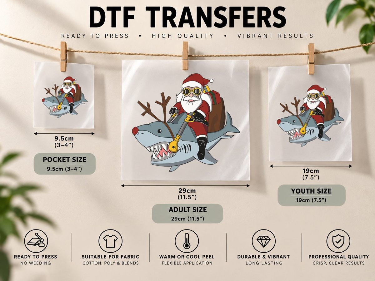 Santa Big Shark Ugly Christmas Funny Pajama Gift Cute DTF Transfer Iron On