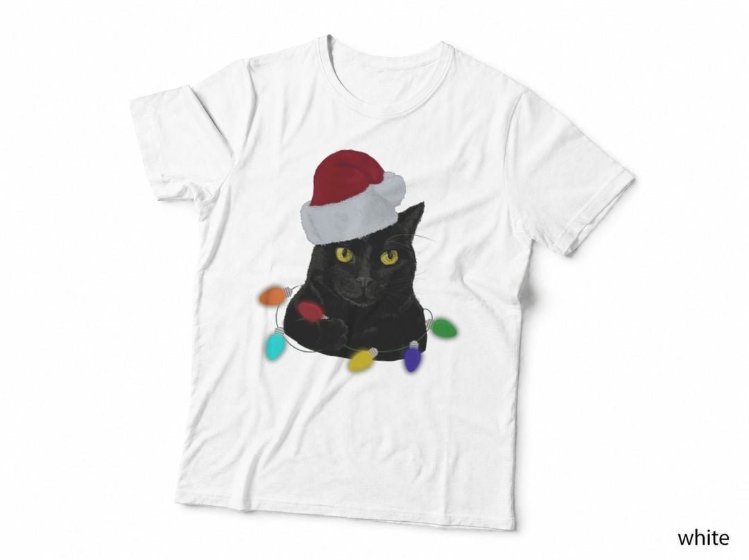 Santa Black Cat Tangled up in Christmas Tree Lights Holiday Sweat T-Shirt