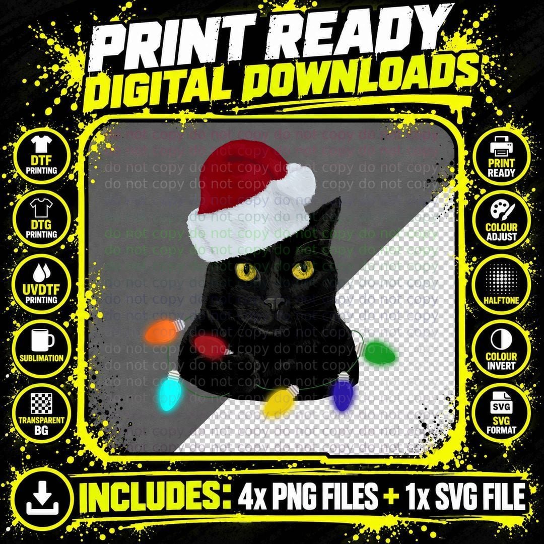 Santa Black Cat Tangled up in Christmas Tree Lights Png SVG Digital Bundle
