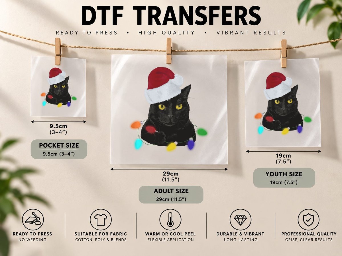 Santa Black Cat Tangled up in Christmas Tree Lights DTF Transfer Iron On