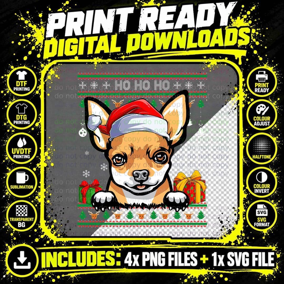 Santa Chihuahua Dog Ugly Sweater Christmas Pajama Dog Png SVG Digital Bundle