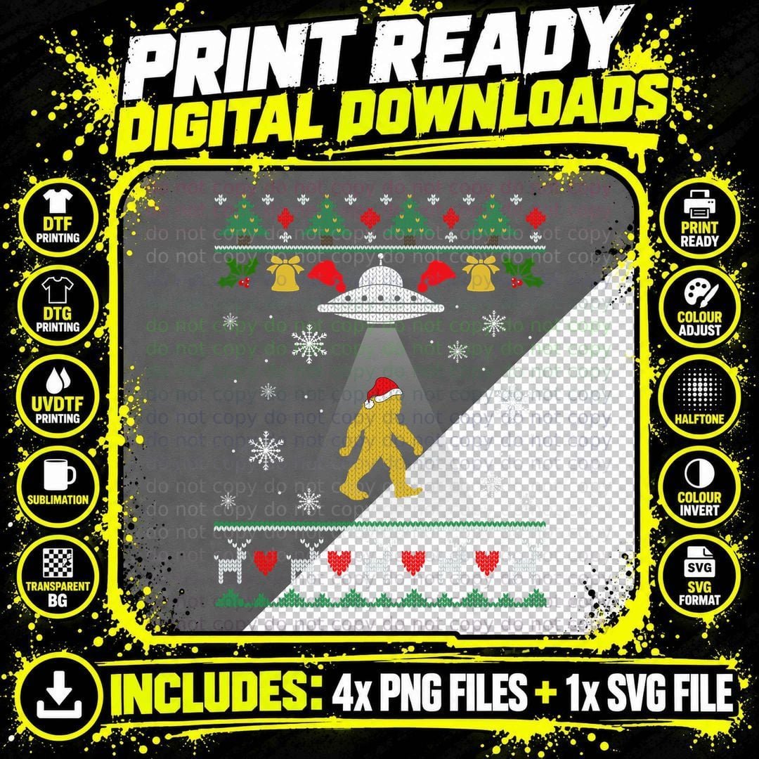 Santa Claus Bigfoot UFO Sasquatch Ugly Christmas Sweater Png SVG Digital Bundle