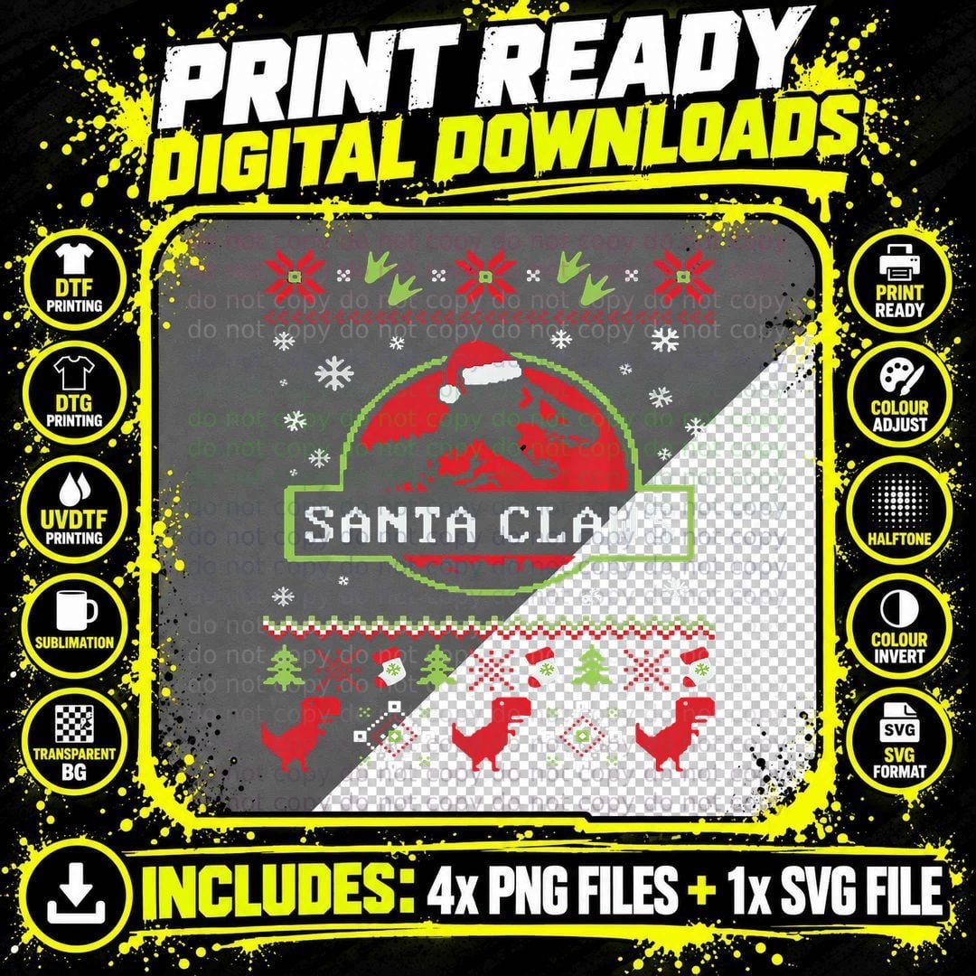 Santa Dinosaur Ugly Christmas Sweater Sweat T-Shirt Png SVG Digital Bundle
