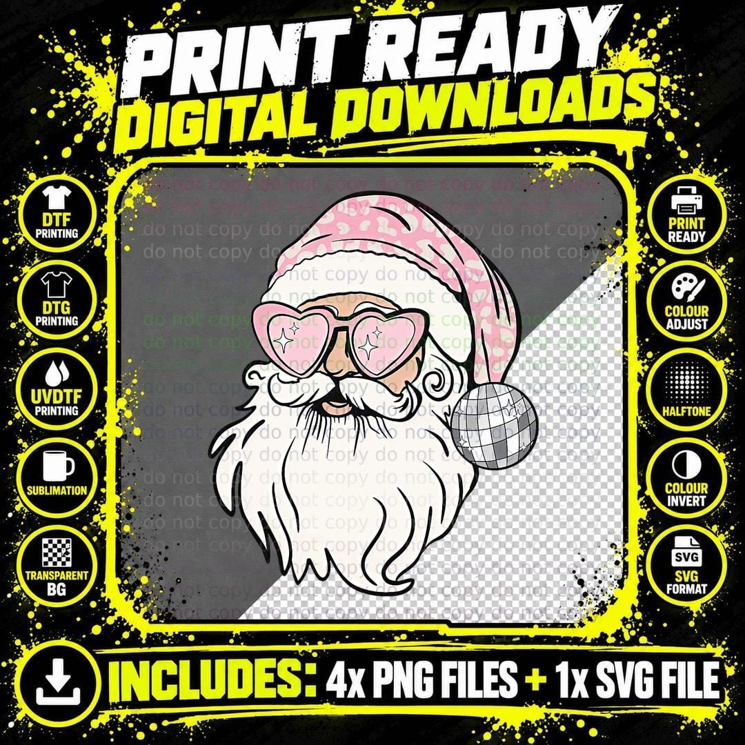 Santa Disco Ball Christmas Retro Pink Santa Claus Png SVG Digital Bundle