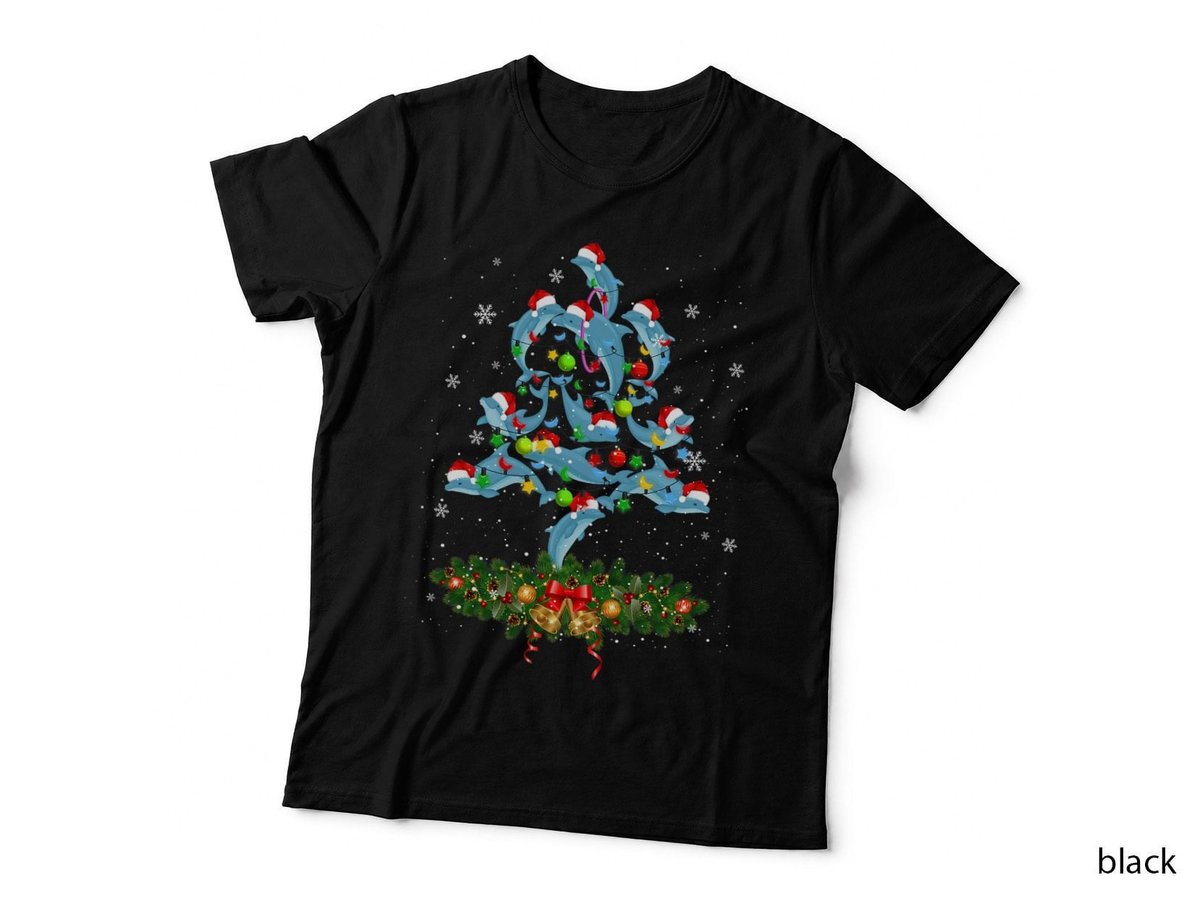 Santa Dolphin Fish Lover Xmas Dolphin Christmas Tree T-Shirt