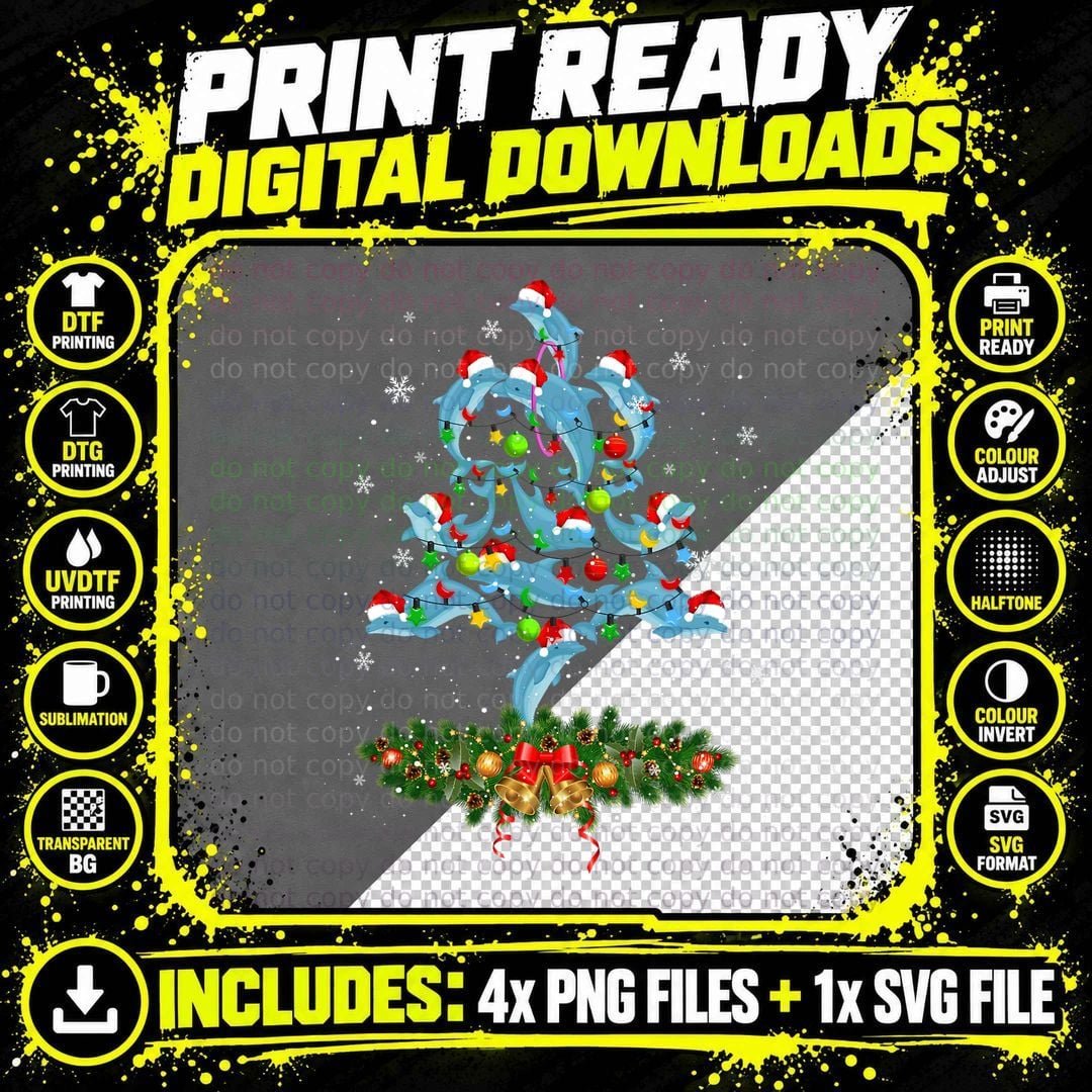 Santa Dolphin Fish Lover Xmas Dolphin Christmas Tree Png SVG Digital Bundle