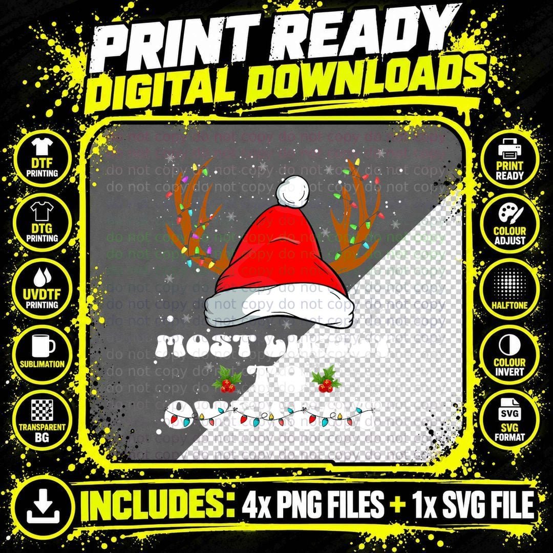 Santa Hat Christmas T-Shirt, Most Likely to Overeat Tee Png SVG Digital Bundle