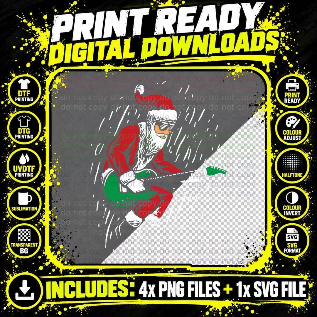 Santa Playing Guitar Christmas Pajama Musician Guitarist Png SVG Digital Bundle