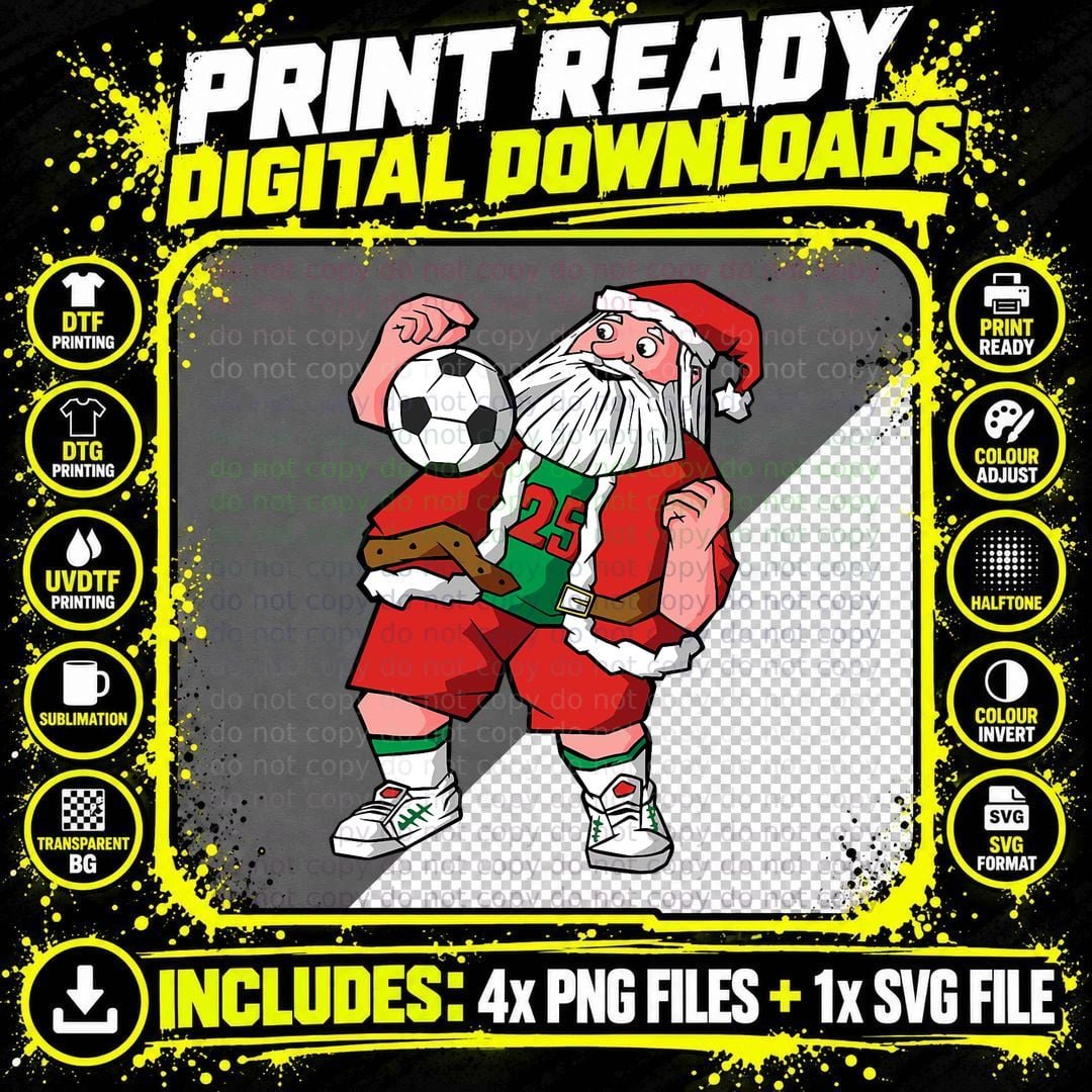 Santa Playing Soccer Christmas Pajama Cool Sport X-Mas Png SVG Digital Bundle