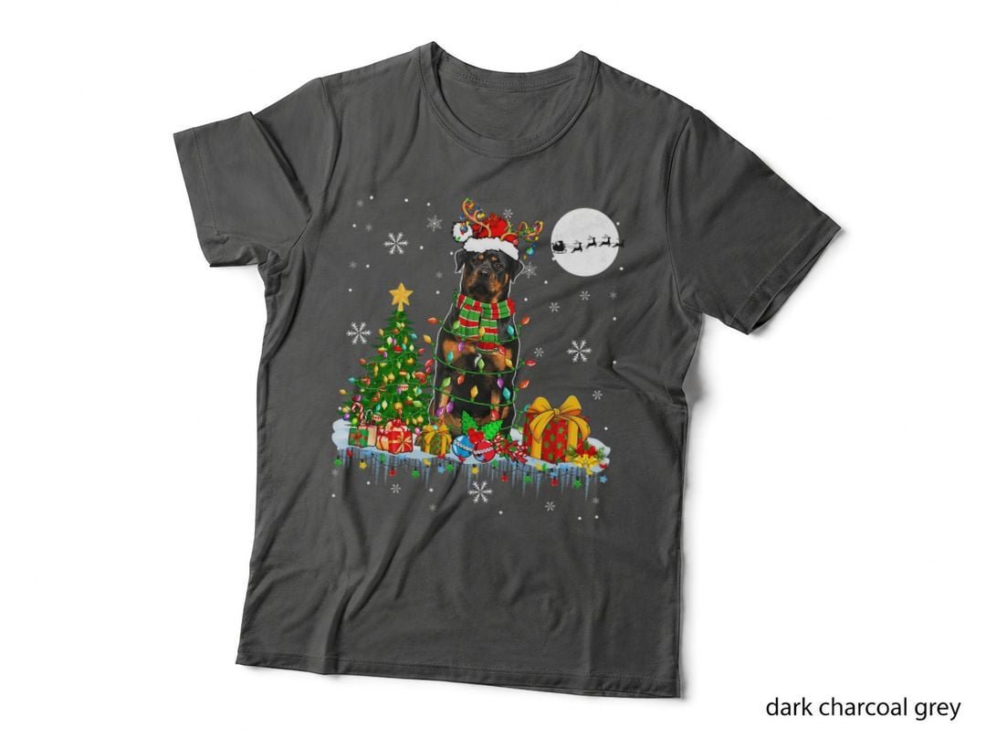 Santa Reindeer Rottweiler Christmas Tree Lights Dog Owner T-Shirt