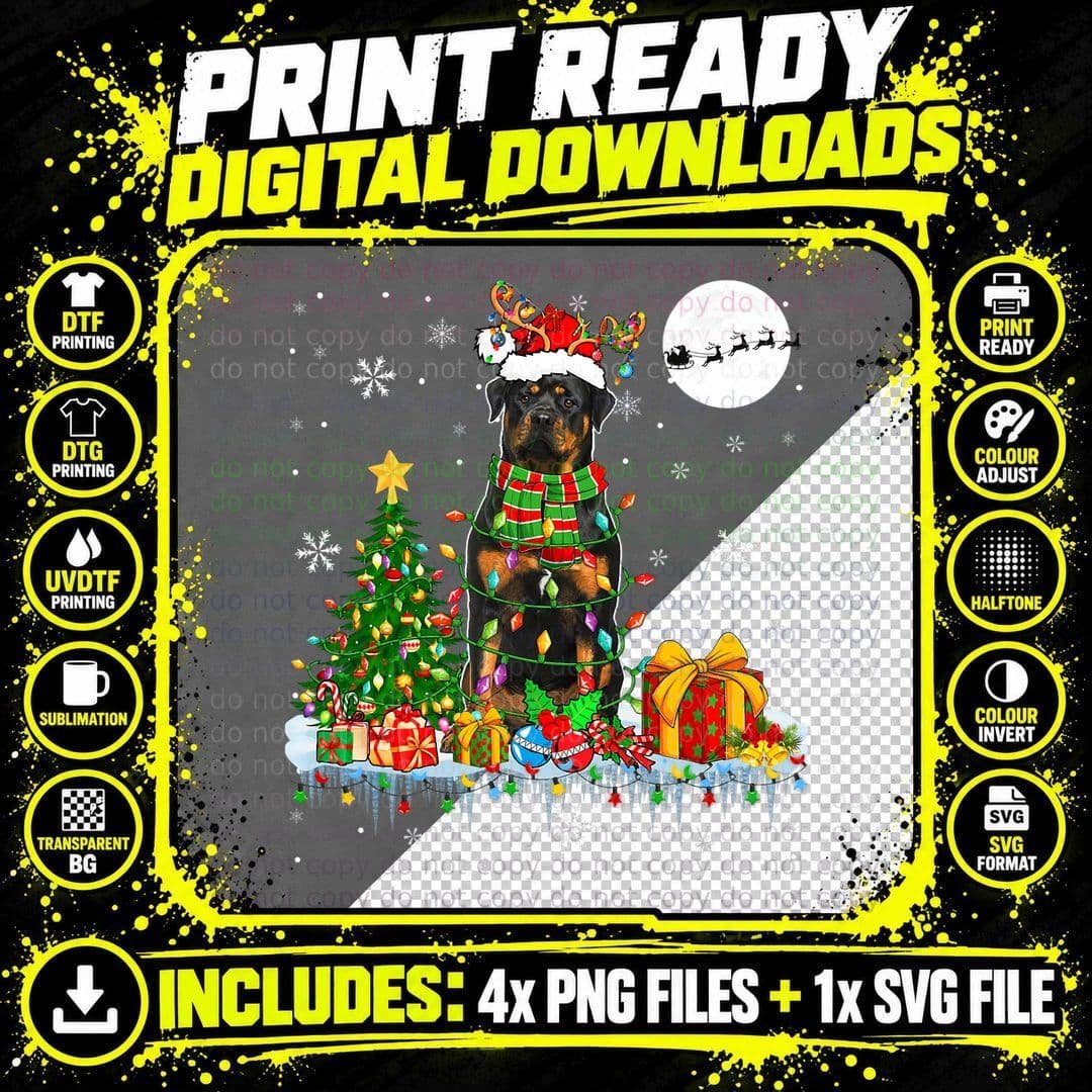 Santa Reindeer Rottweiler Christmas Tree Lights Dog Png SVG Digital Bundle